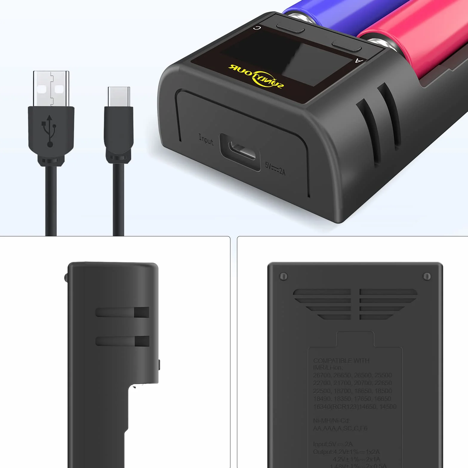 Inteligentna 21700 18650 ładowarka,LCD 21700 Ładowarka baterii 21750 21700 ładowarka do 20700 22700 26650 26700 16340 (RCR123) 17650 17670 Akumulator Ni-MH/Ni-Cd AA AAA