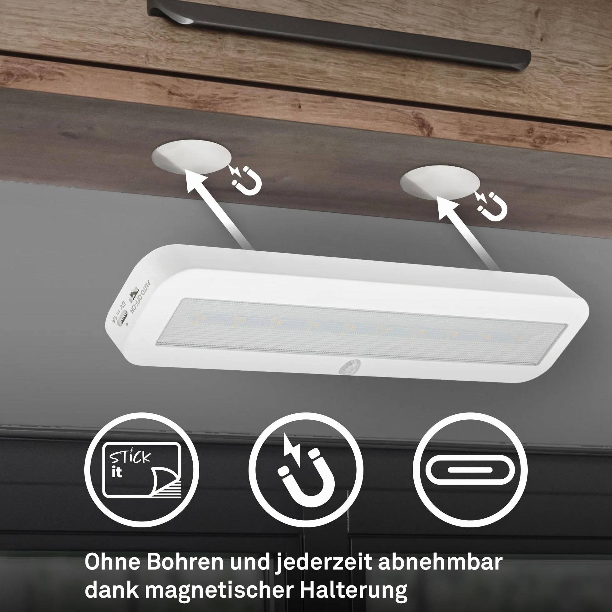 BRILONER - Lampa podszafkowa LED z czujnikiem ruchu, akumulatorem, neutralnym światłem i samoprzylepnym montażem, oświetlenie podszafkowe kuchenne oraz lampa LED pod meble, 30,5 x 6,5 x 2 cm, biała