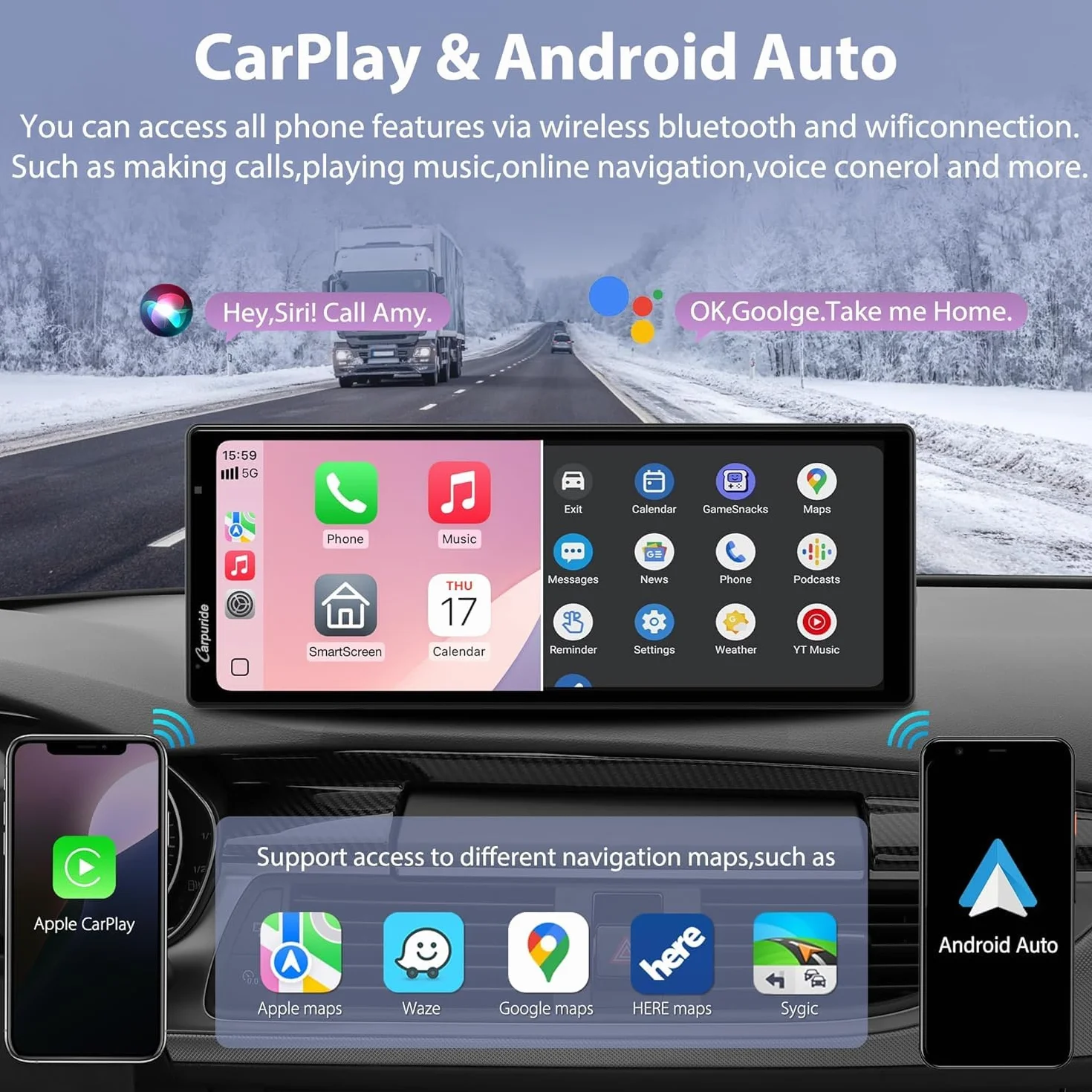 Carpuride Wireless Carplay i Android Auto z kamerą samochodową - 10,26-calowy ekran dotykowy HD IPS Car Play do samochodu, kamera przednia 4K i tylna 1080P, nagrywanie w pętli, dźwięk Bluetooth