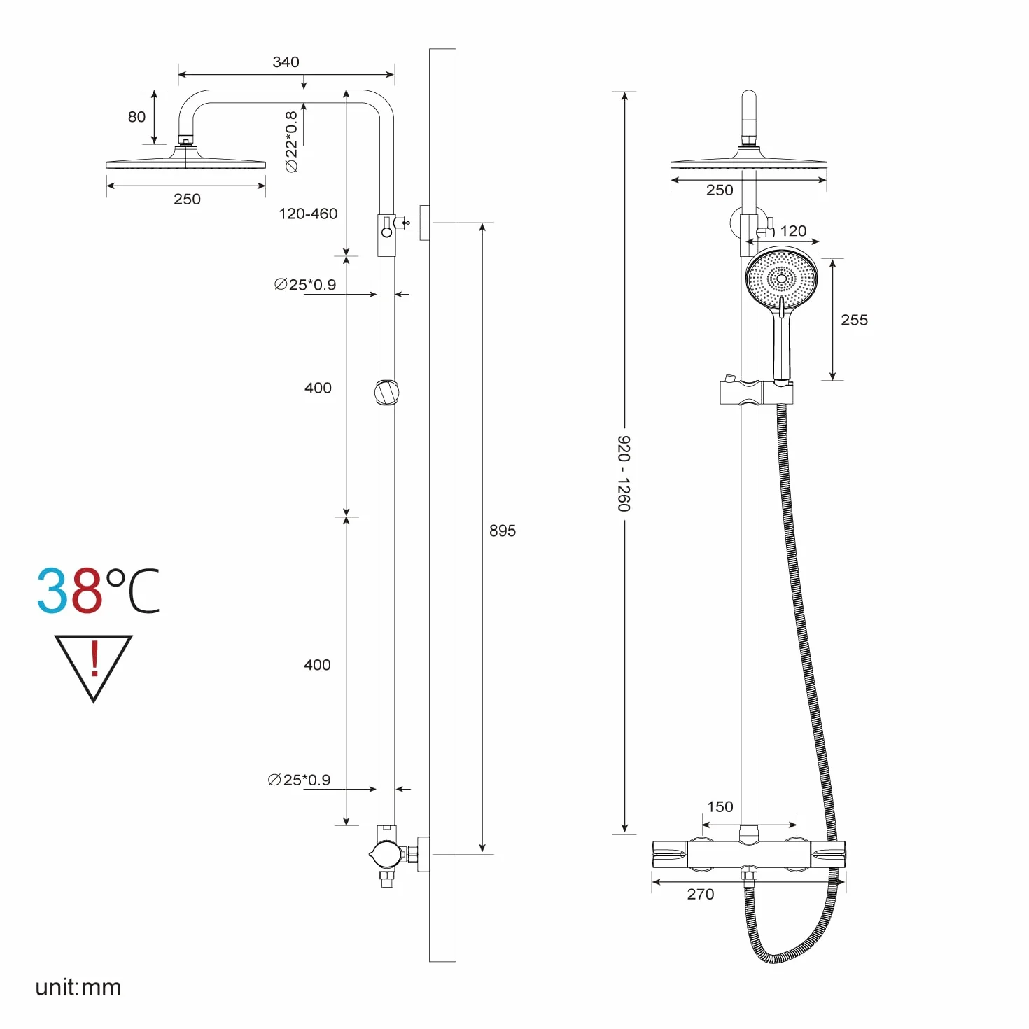 Rainsworth System prysznicowy z termostatem, chromowana, kompletny zestaw z okrągłą deszczownicą 25 cm, 3 rodzaje strumienia, 92-126 cm, regulacja wysokości, deszczownica z armaturą, zestaw