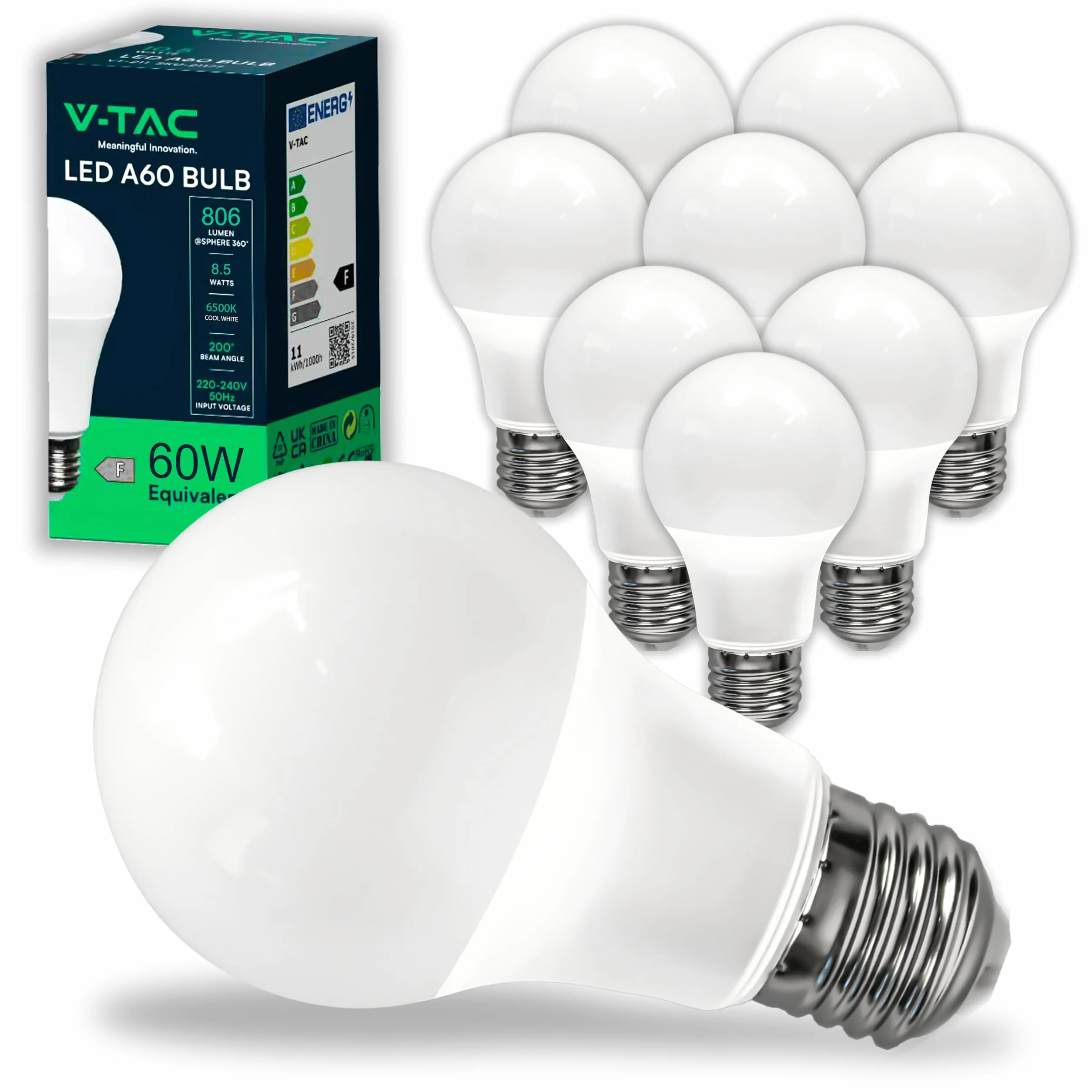 V-TAC 10 żarówek LED E27, Edison - A60, 8,5 W (odpowiednik 60 W) - 806 lumenów - 4000 K neutralna biel - otwór wiązki światła 200° - maksymalna wydajność i niskie zużycie energii, VT-2099-10