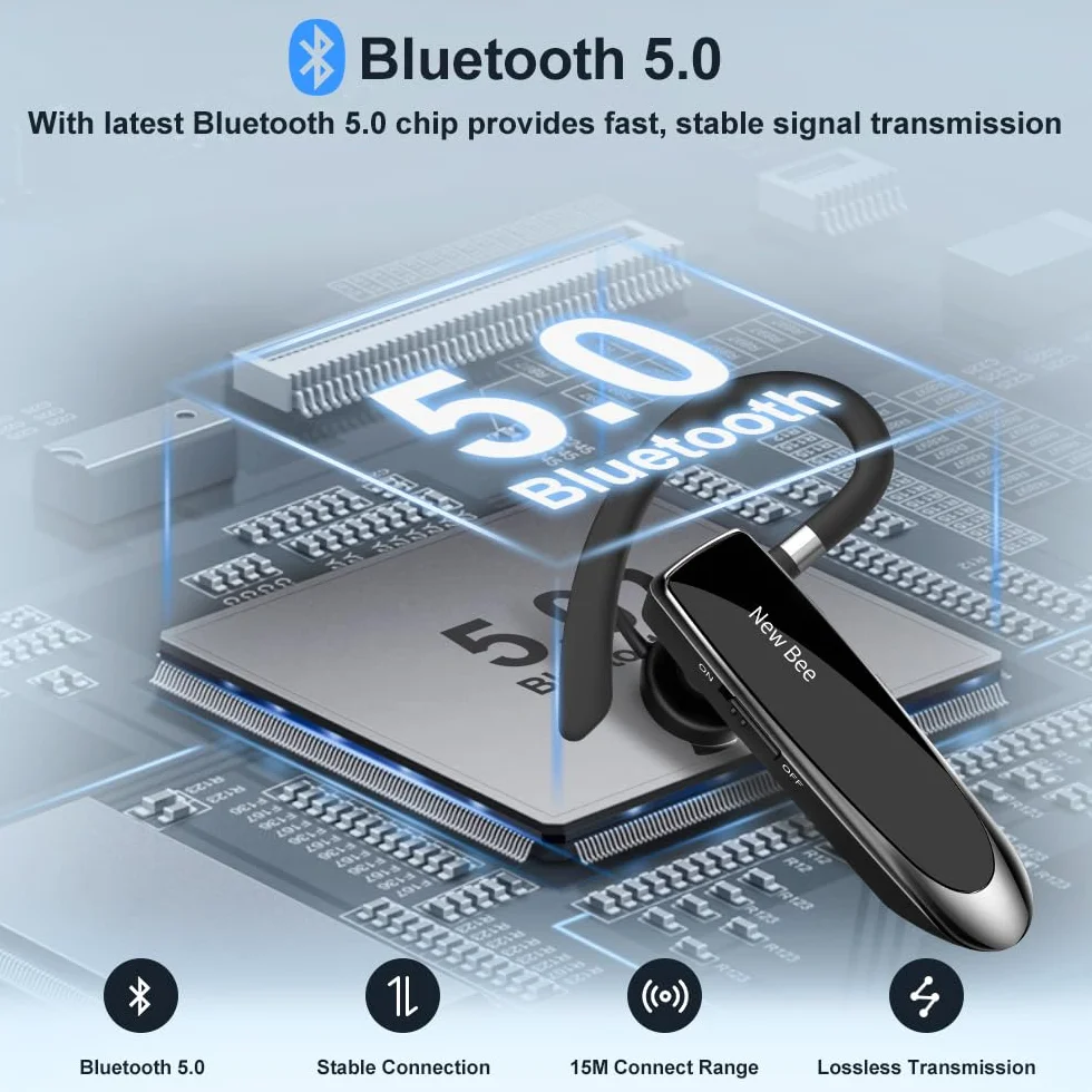 New Bee Zestaw słuchawkowy Bluetooth bezprzewodowy głośnomówiący z mikrofonem do iPhone Samsung Huawei 60 dni czuwania czarny