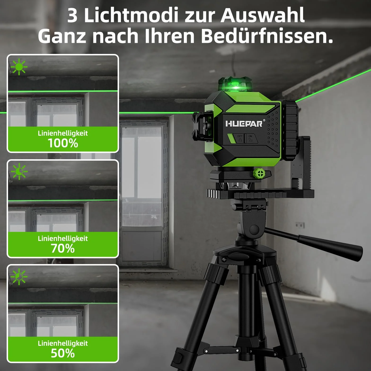 Huepar 4x360 Laser Cross Line 4D Automatyczne poziomowanie Zielone światło Linia krzyżowa 16 linii do płytek podłogowych Narzędzie laserowe-2x360 Pozioma/pionowa linia laserowa-Akumulator 704CG