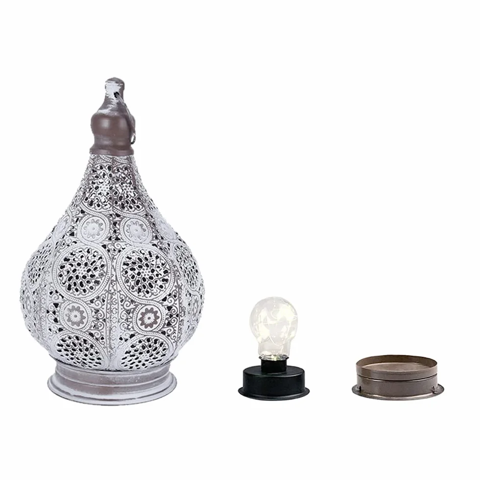 JHY DESIGN Wisząca marokańska lampa stołowa na baterie, 29,5 cm wysokości, vintage, metalowa latarnia, lampa biurkowa do salonu, sypialni, ogrodu, wewnątrz i na zewnątrz (Taras)