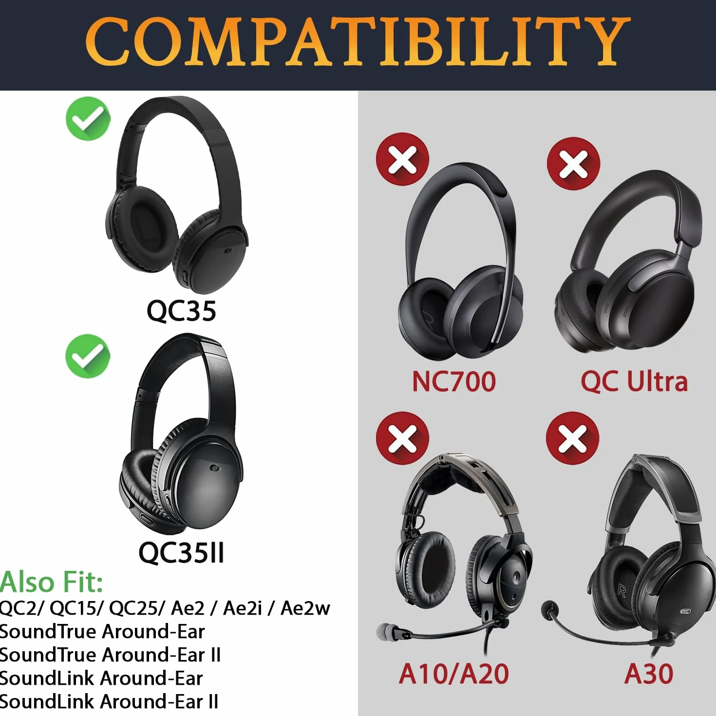 SoloWIT® wymienne poduszki nausznik do Bose QuietComfort 35 (QC35) i Quiet Comfort 35 II (QC35 II) słuchawki bezprzewodowe (Czarny)