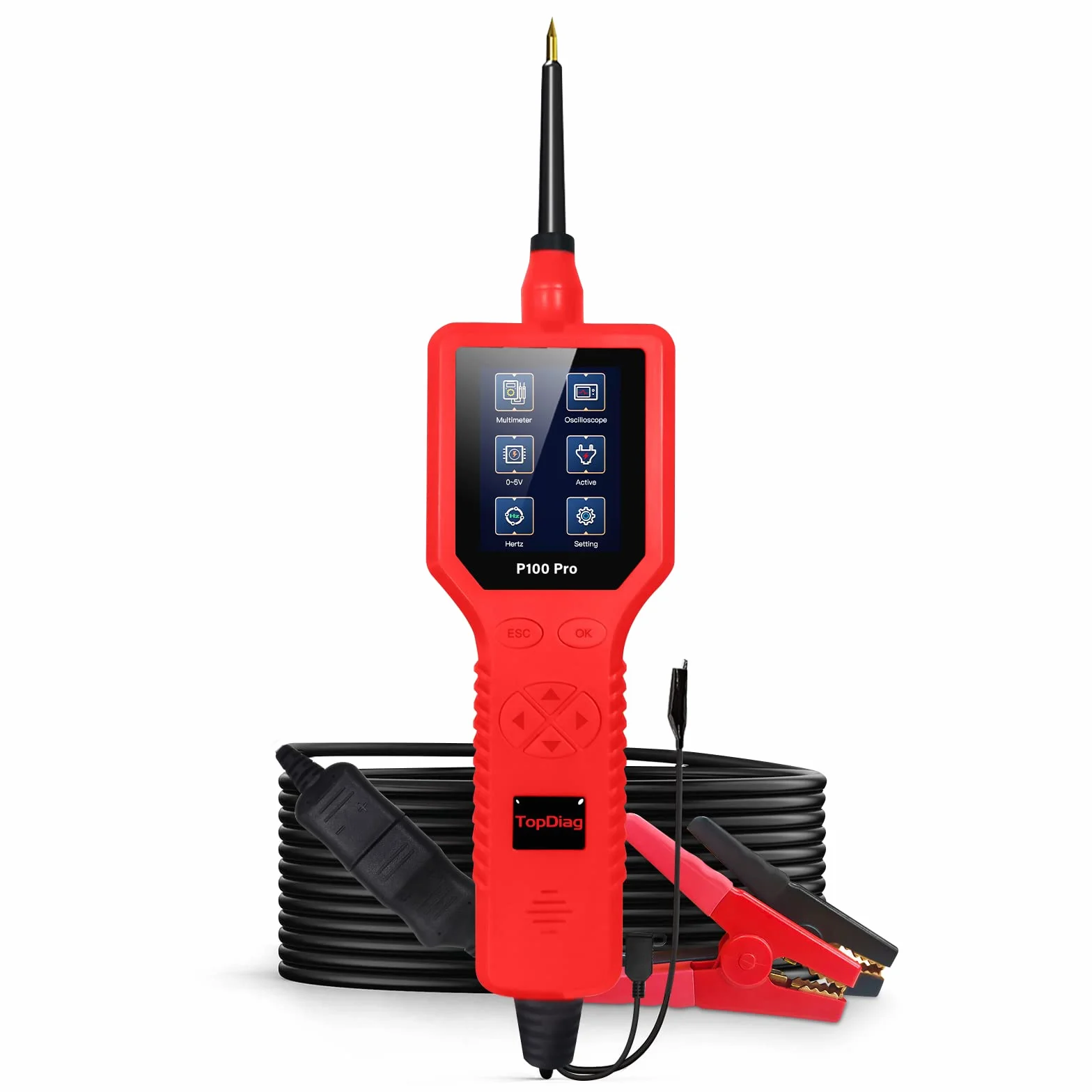 P100 Pro -30V Tester Obwodu Samochodowego Tester Diagnostyczny Obwodu Samochodowego 12V 24 V Zestaw Sondy Multimetrowego Aktywacja Części Cyfrowych/0-5V Zasilacz/wiele Języków (czerwony)