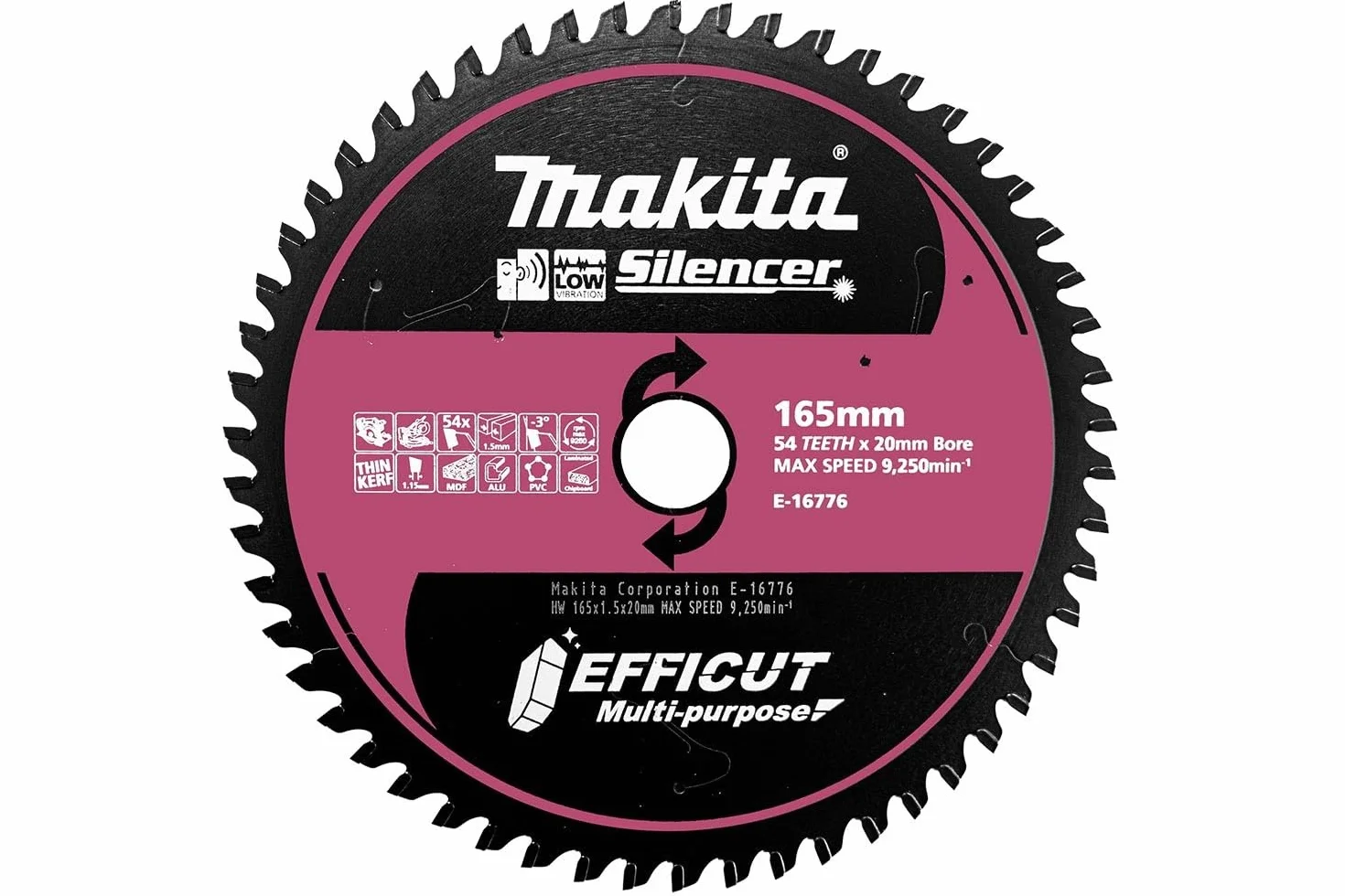 Makita E-16760 EFFICUT aluminiowy brzeszczot do piły tarczowej Ø 165 x 1,5 x 20 mm, 54 zęby, kąt 3°, do bardzo czystego i szybkiego cięcia aluminium, do akumulatorowych pił ręcznych i ukośnych