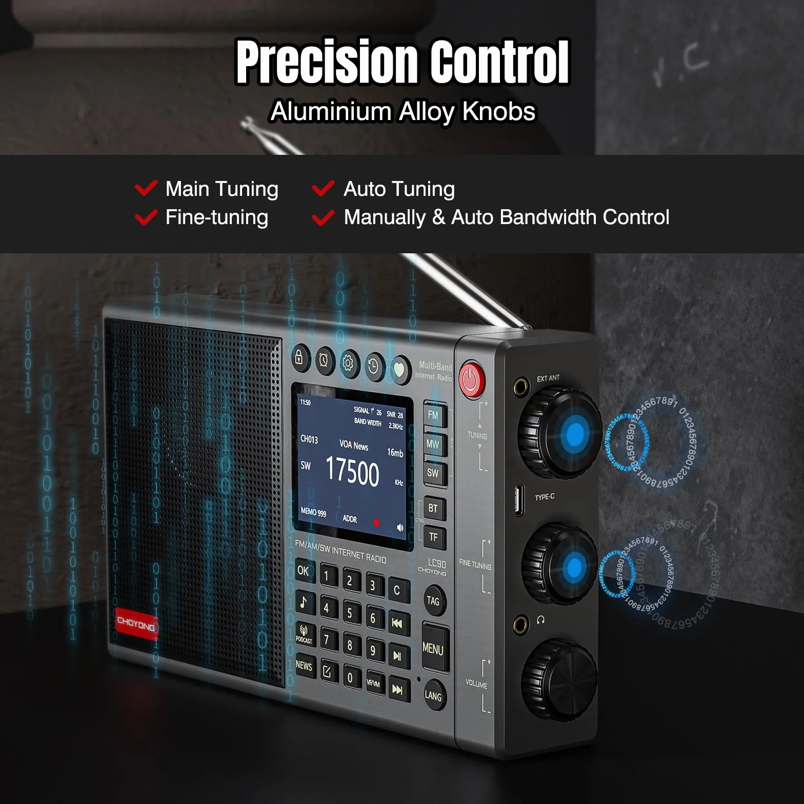 CHOYONG LC90 Radio internetowe Wi-Fi / 4G, przenośne, FM/LW/MW/SW, z akumulatorem 5000 mAh, 40 tys. stacji radiowe, głośnik BT, budzik, głośniki stereo 15 W, obsługa karty TF