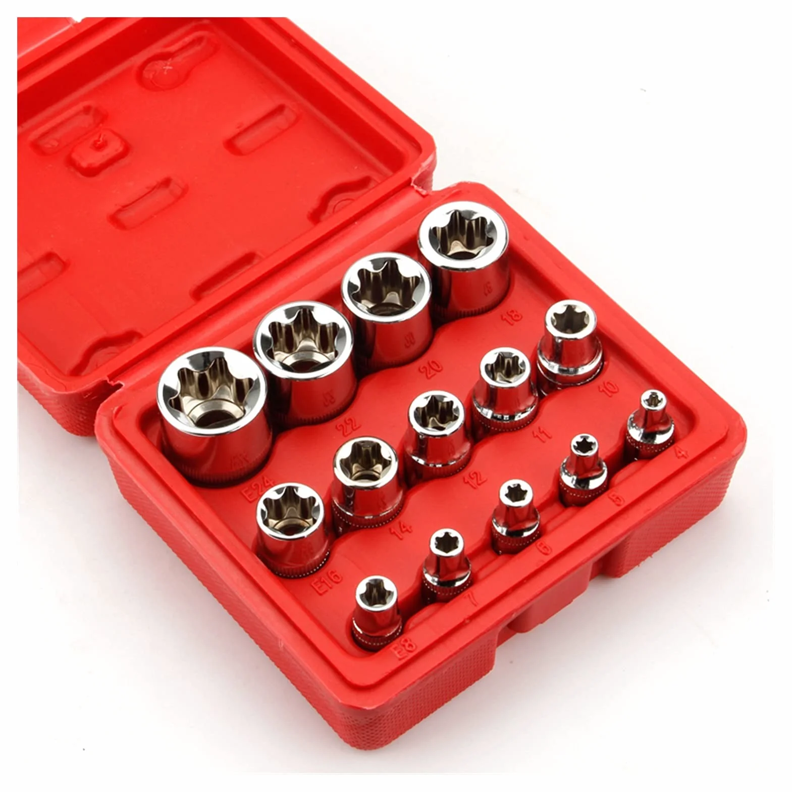 Dopasuj do materiału CRV 14 sztuk/zestaw E Set Sock Socket Socket 1/2 "3/8" 1/4" E4 - E24. Naprawa narzędzia narzędzia ręczne Zestaw wysokiej kwadratu