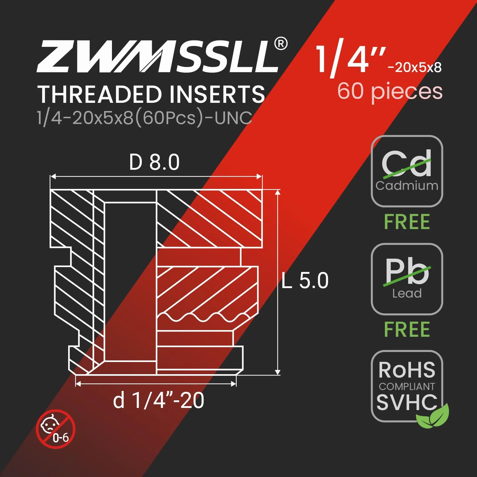 1/4"-20 Heat Set wkładki gwintowane, 60 sztuk 1/4"-20 x 5 x 8 wkładki grzewcze do komponentów drukujących 3D i części z tworzywa sztucznego, mosiężne nakrętki