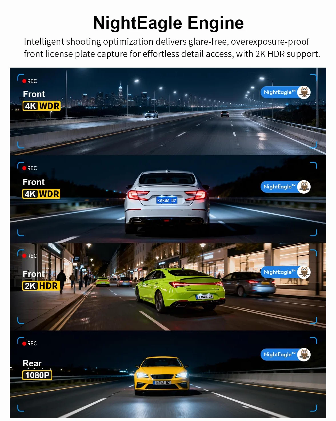 4K Dashcam przednia i tylna kamera, sterowanie głosem, 64GB karta, Wi-Fi 6, GPS, ekran IPS 5 cm, NightEagle, tryb parkowania 24h