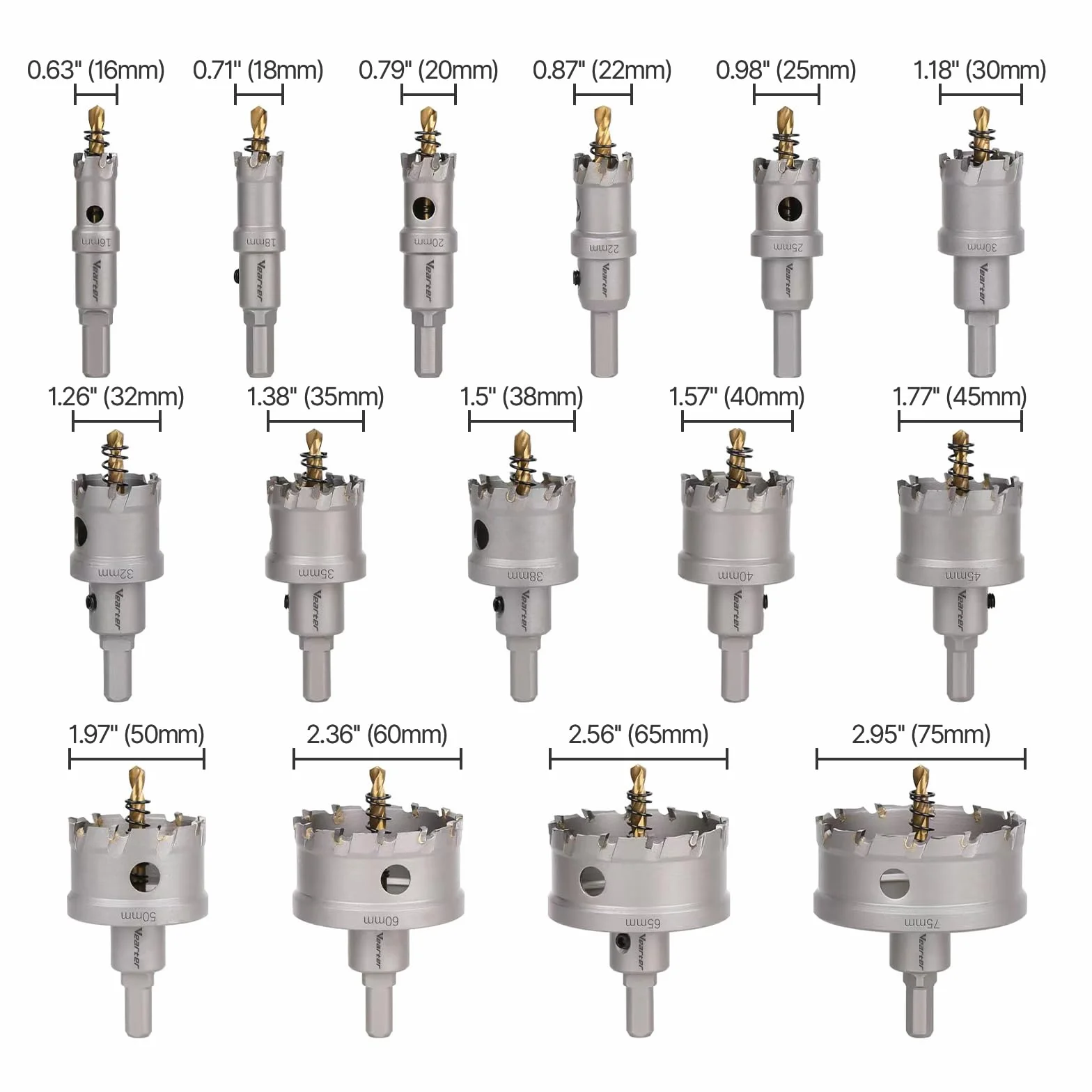 TCT zestaw 15 sztuk / Satz 16-75 mm, Hartmetall Bits mit Zentrierbohrer, für Hartmetall, Edelstahl, Baustahl, Aluminiumlegierung, Kupfer, Eisen, Kunststoff i Glasfaser