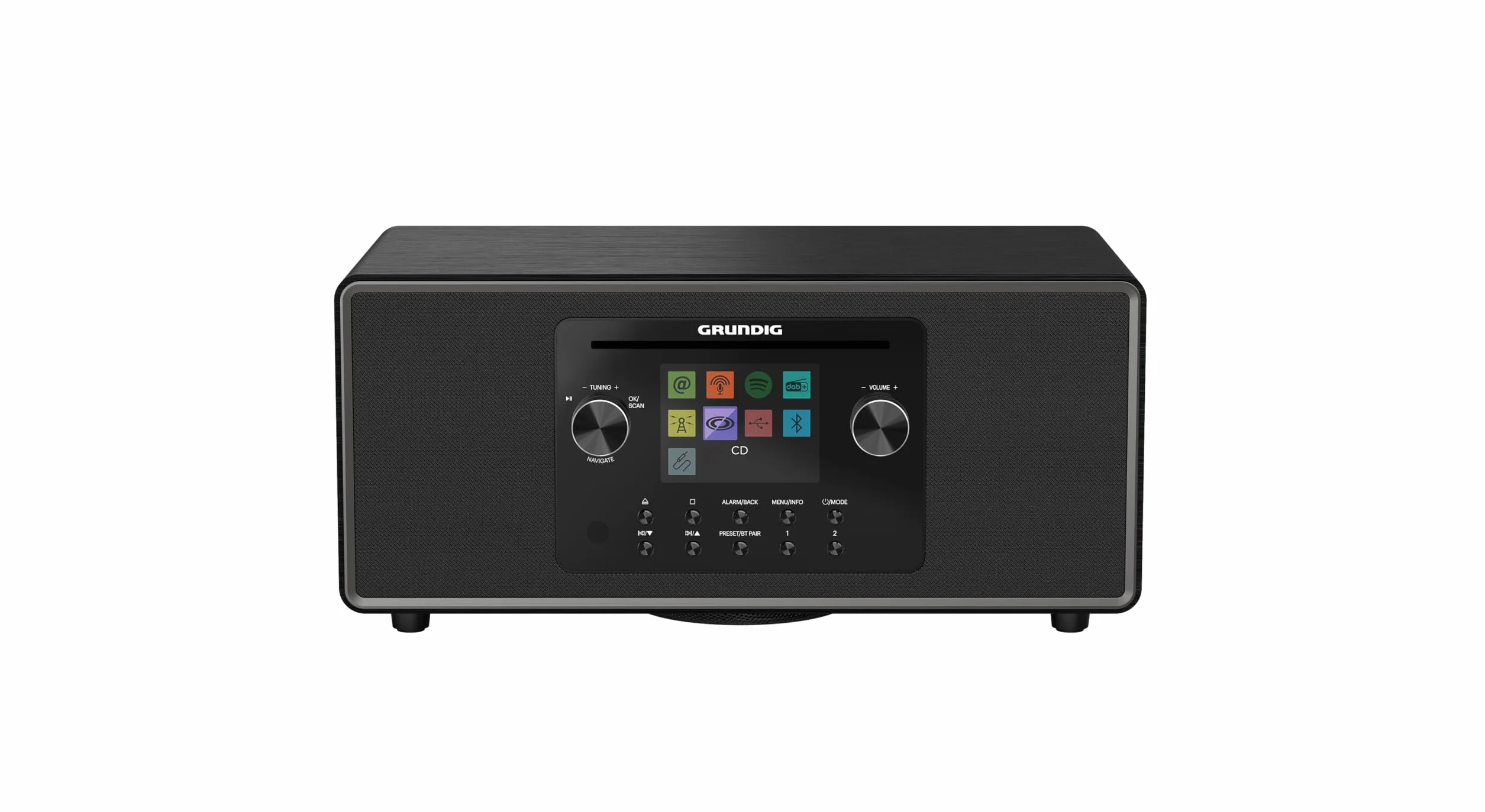 Grundig DTR 7100 All-In-One radio internetowe i cyfrowe DAB+, FM, 2.1 radio z subwooferem, 42 W RMS, napęd CD, USB, Spotify Connect, funkcja alarmu, automatyka zasypiania, kolorowy wyświetlacz, czarny
