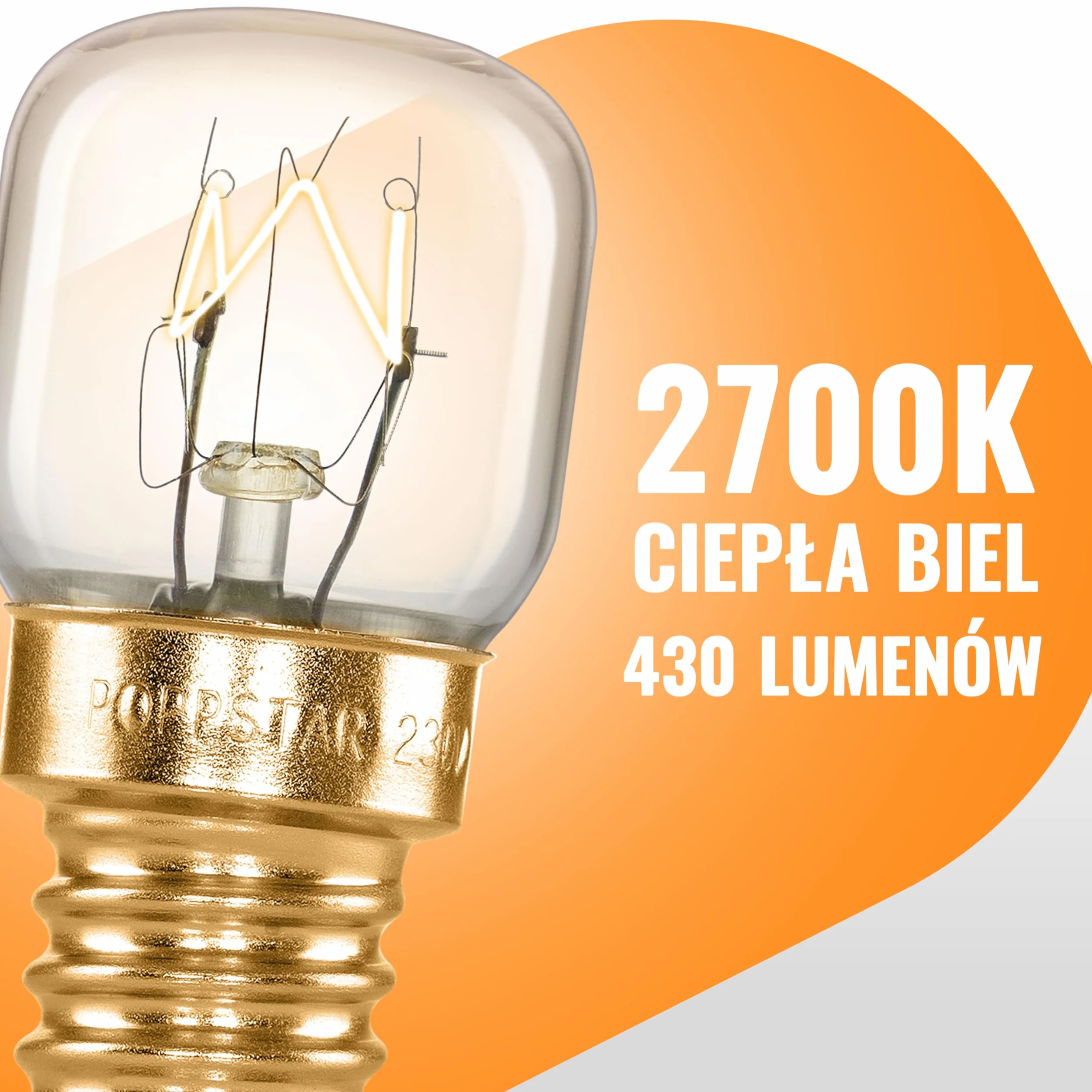 Poppstar żarówki do piekarnika E14 40W, odporne na wysokie temp. do 300°C (barwa światła: biała, ciepła 2700K, 430lm, 45x75mm), 2 szt.
