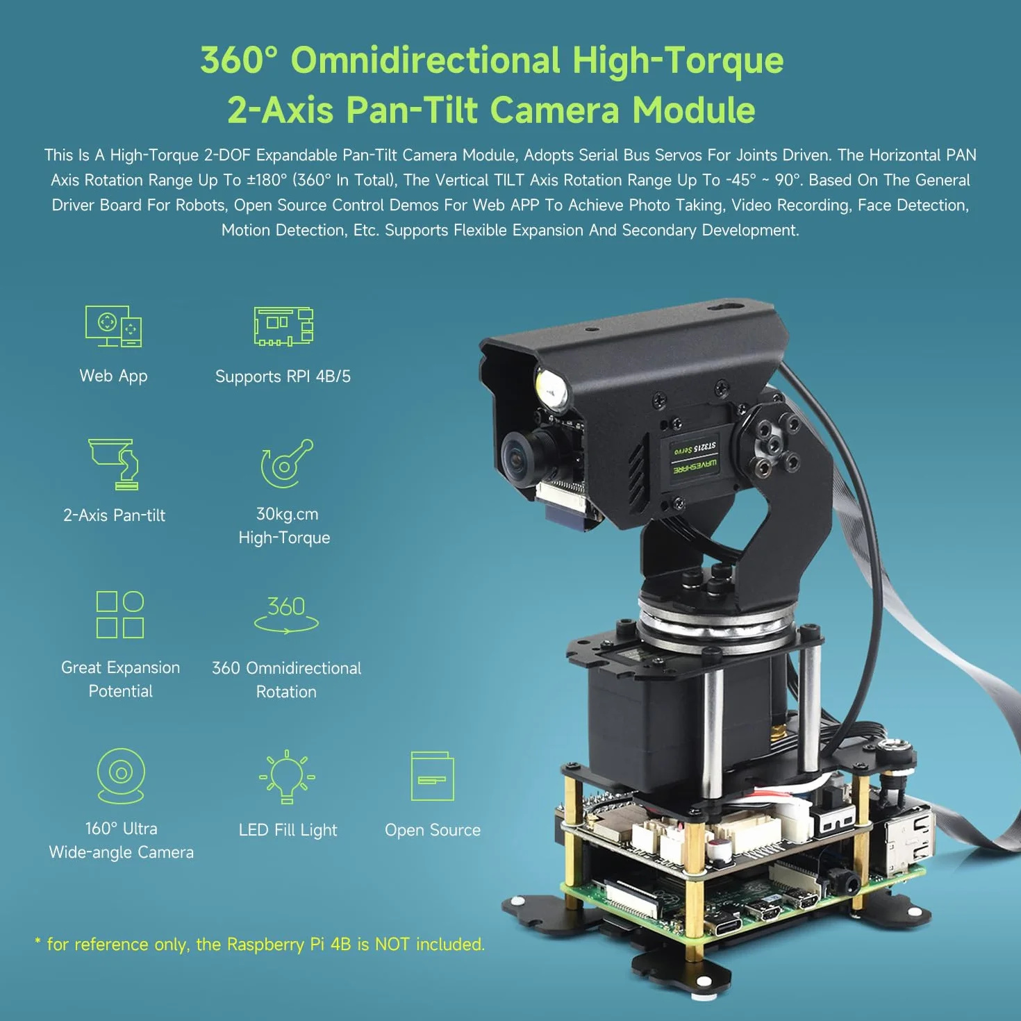 Waveshare 360° Omnidirectional High-Torque 2-Axis Pan-Tilt Camera Module for Raspberry Pi 4B/5