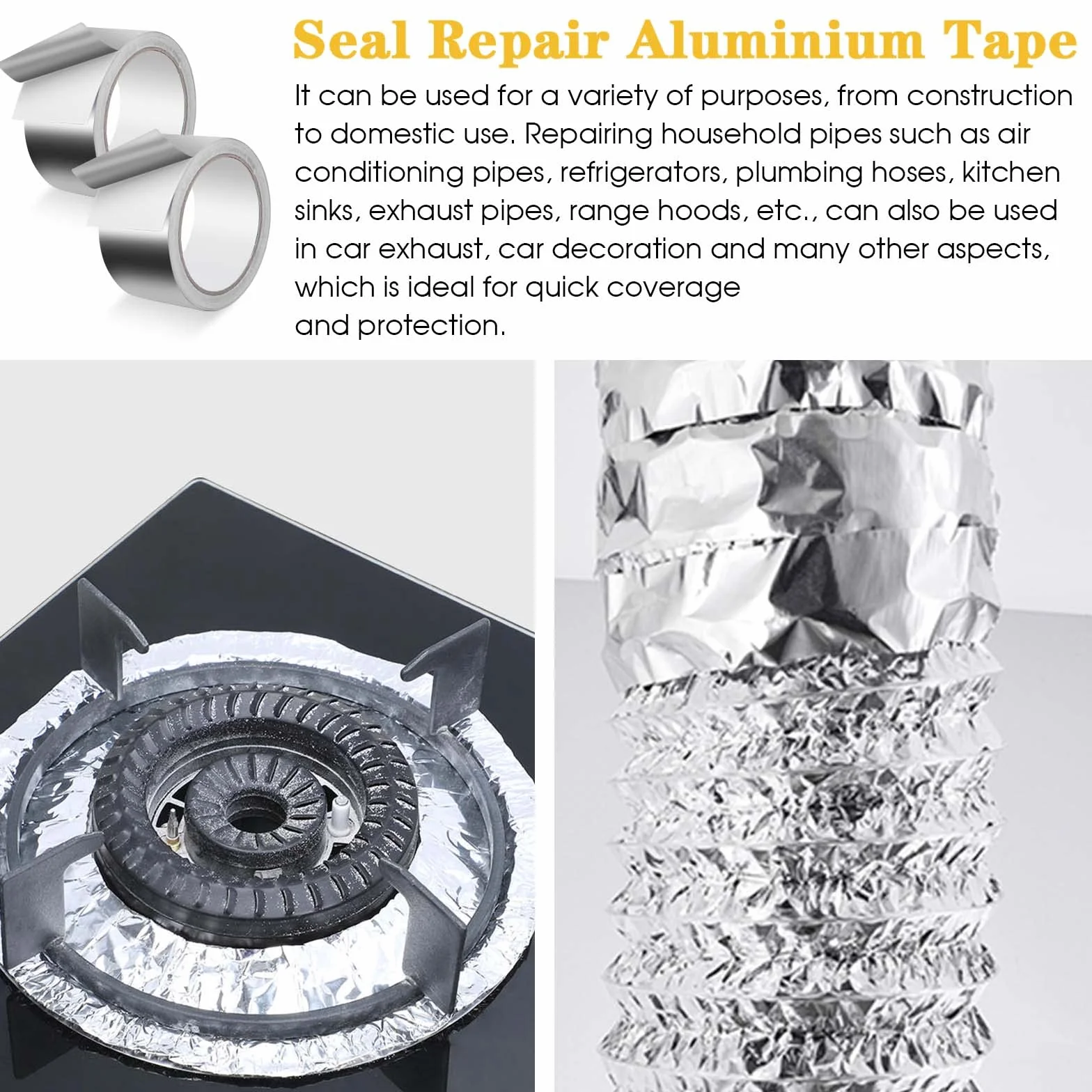 2 sztuki samoprzylepnych taśm aluminiowych, 50 mm x 20 m, samoprzylepna taśma aluminiowa, odporna na wysokie temperatury, wzmocniona do naprawy powierzchni metalowych, izolacji i uszczelniania, 50 mm
