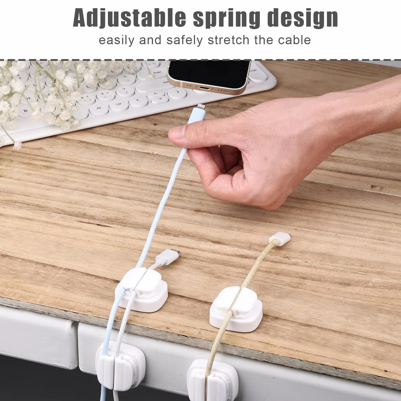3szt Organizer na Przewody, 3 w 1 Uchwyt na Zaciski do Kabli Samoprzylepne Klipsy do Zarzadzania Kablami Regulowana Sprezyna do Biurko Samochodowe do Domowego Biura z Przewodem USB (Bialy)