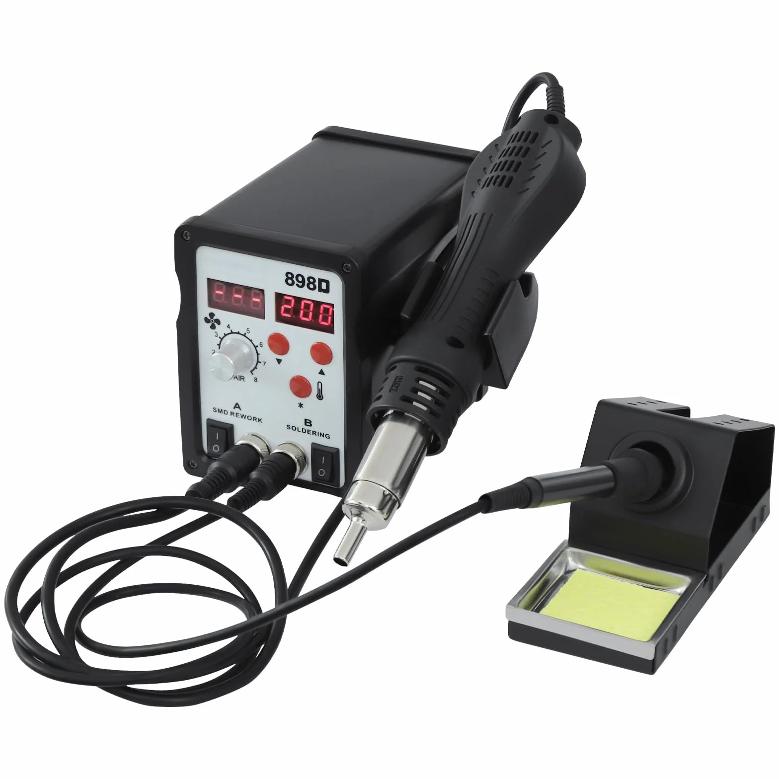 750W stacja lutownicza z pistoletem powietrznym i lutownicą, regulacja temperatury 200-480°C, 8 prędkości, wyświetlacz LED, do napraw elektronicznych