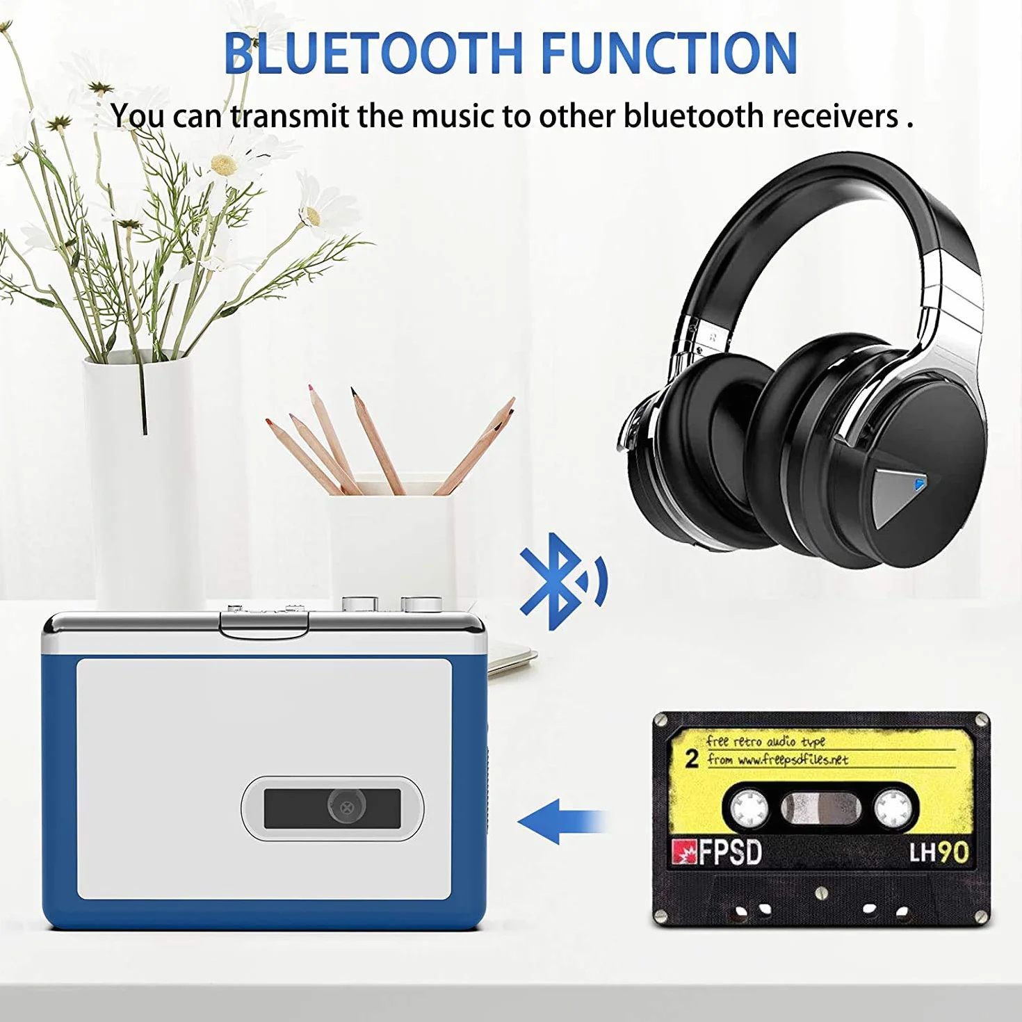 Y&H Przenośny rejestrator kasety Bluetooth, transfer muzyki w stylu retro na słuchawki Bluetooth lub głośniki, osobisty Walkman z słuchawkami
