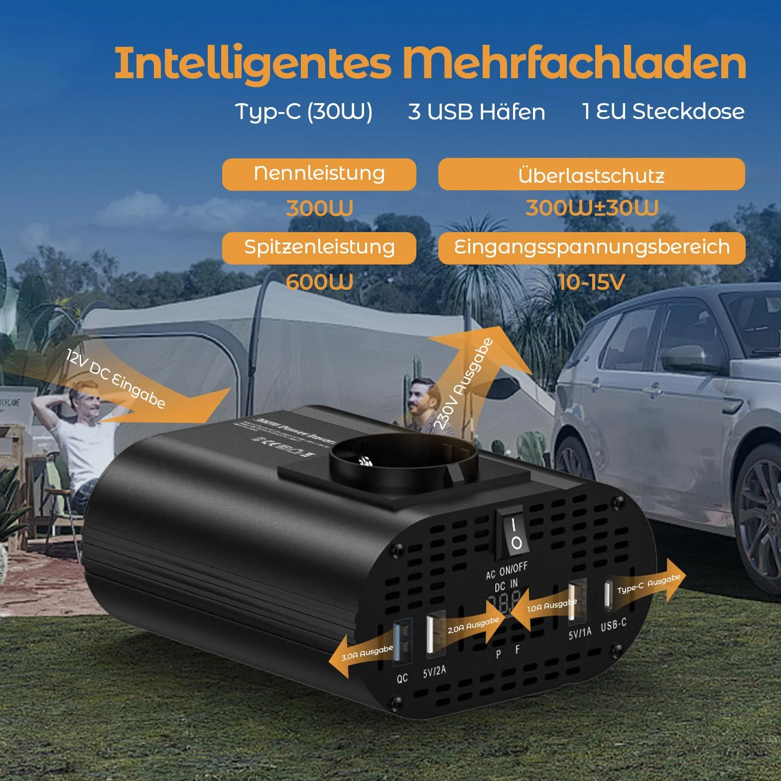 Konwerter 12V 220V 300W z 1 gniazdem Typ C 30W, 3 porty USB, wyświetlacz LED