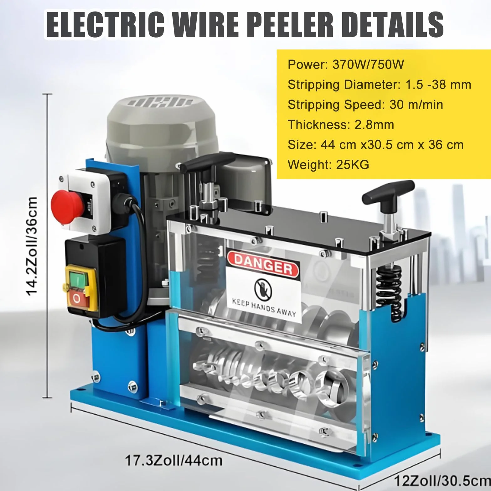 Elektryczna maszyna do ściągania izolacji, automatyczny ściągacz kabli 370 W/750 W do odzyskiwania złomu miedzi 1,5-38 mm, regulowana długość cięcia 1-999 mm