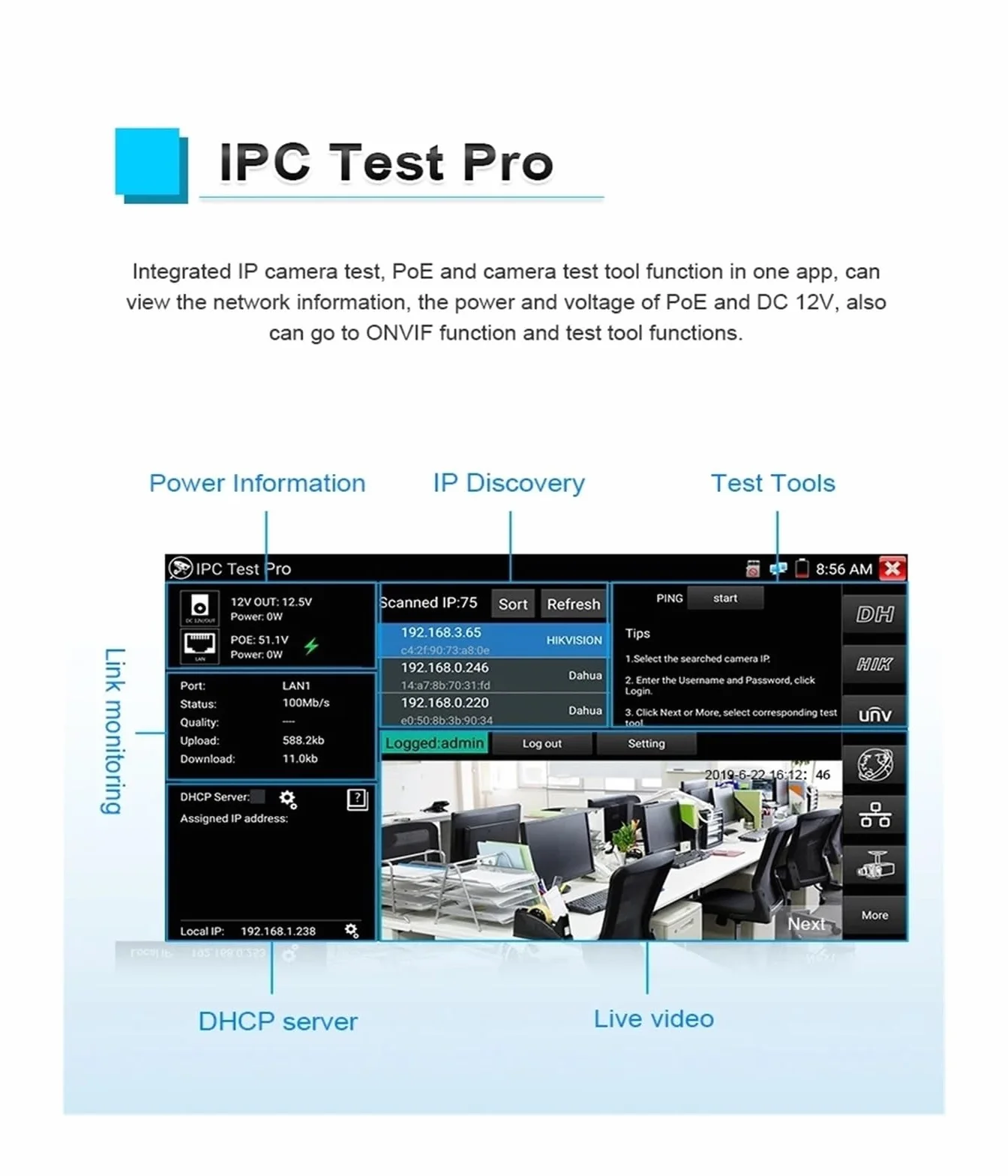 Tester CCTV, IPC5200C Tester monitora CCTV 4K | Z Tester kamery IP Analogowy tester monitoringu wideo CCTV IP PoE RJ45 Test kabla TDR do testowania kamer CCTV i IP.