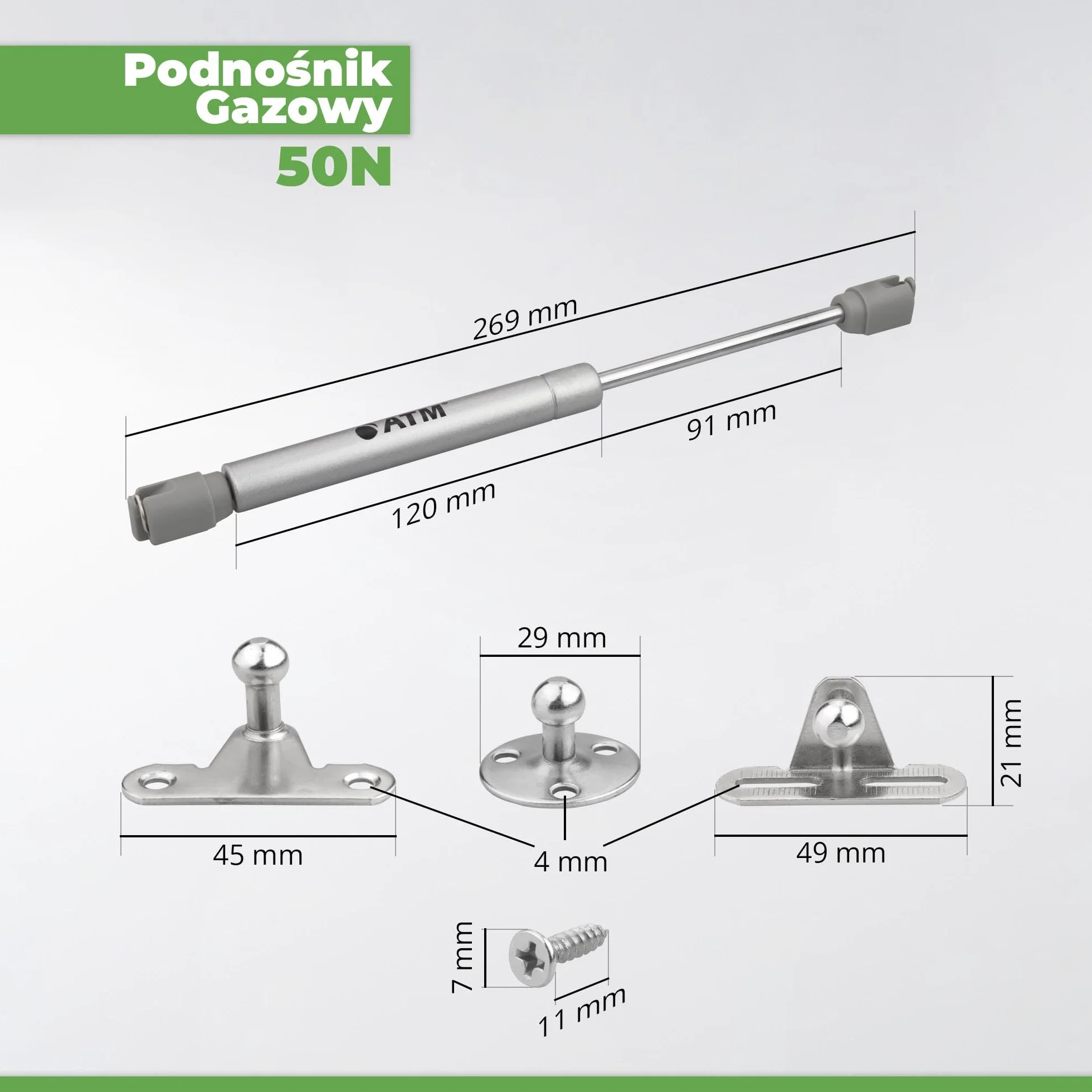 ATM® Podnośnik gazowy do frontów meblowych i klap | Regulacja kąta otwarcia 80°-100° | Łatwy montaż | Płynne otwieranie | Regulacja szybkości otwarcia | Wytrzymała konstrukcja | 4 Szt. | Moc: 50N