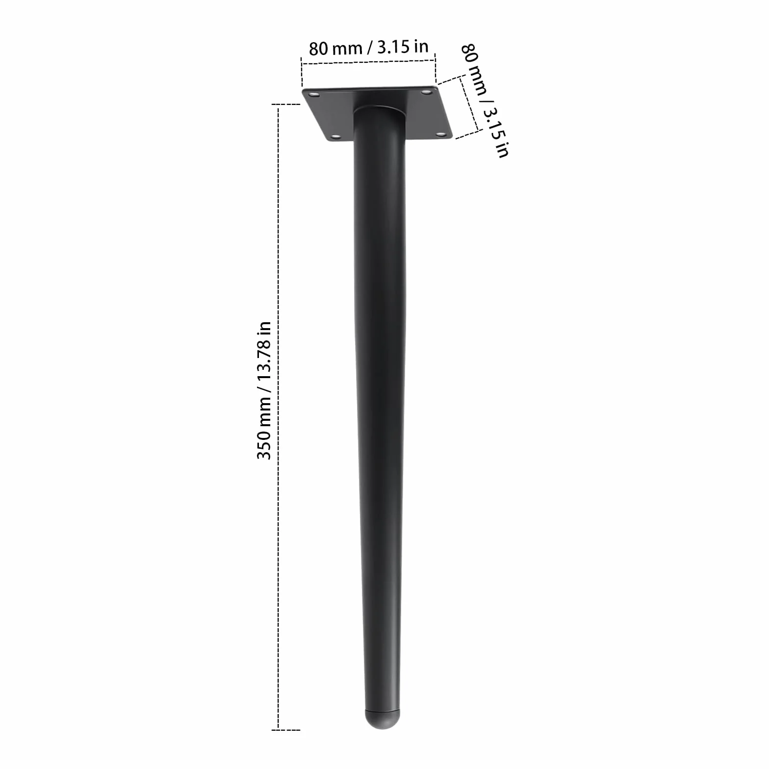 4 nóżki meblowe, czarne, 35 cm, metalowe nóżki szafy, z płytą montażową 8 x 8 cm, stożkowe nogi krzesła ze śrubami do mebli