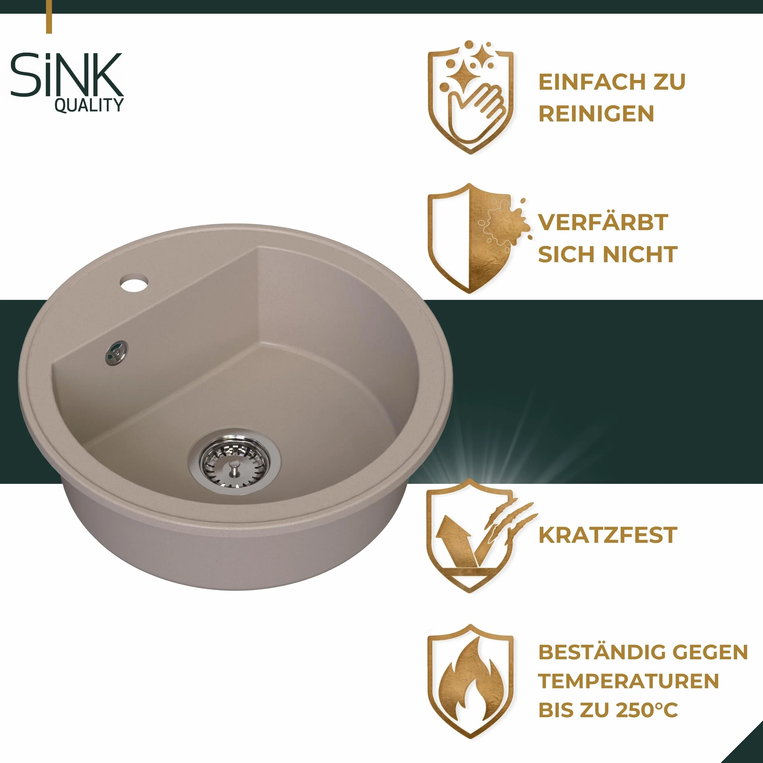 SINK Quality zlewozmywak okrągły, beżowy, Ø 51 cm, syfon z przyciskiem i impregnacją, w zestawie - zlewozmywak kuchenny okrągły z granitu - zlewozmywak granitowy do szafek od 55 cm szerokości