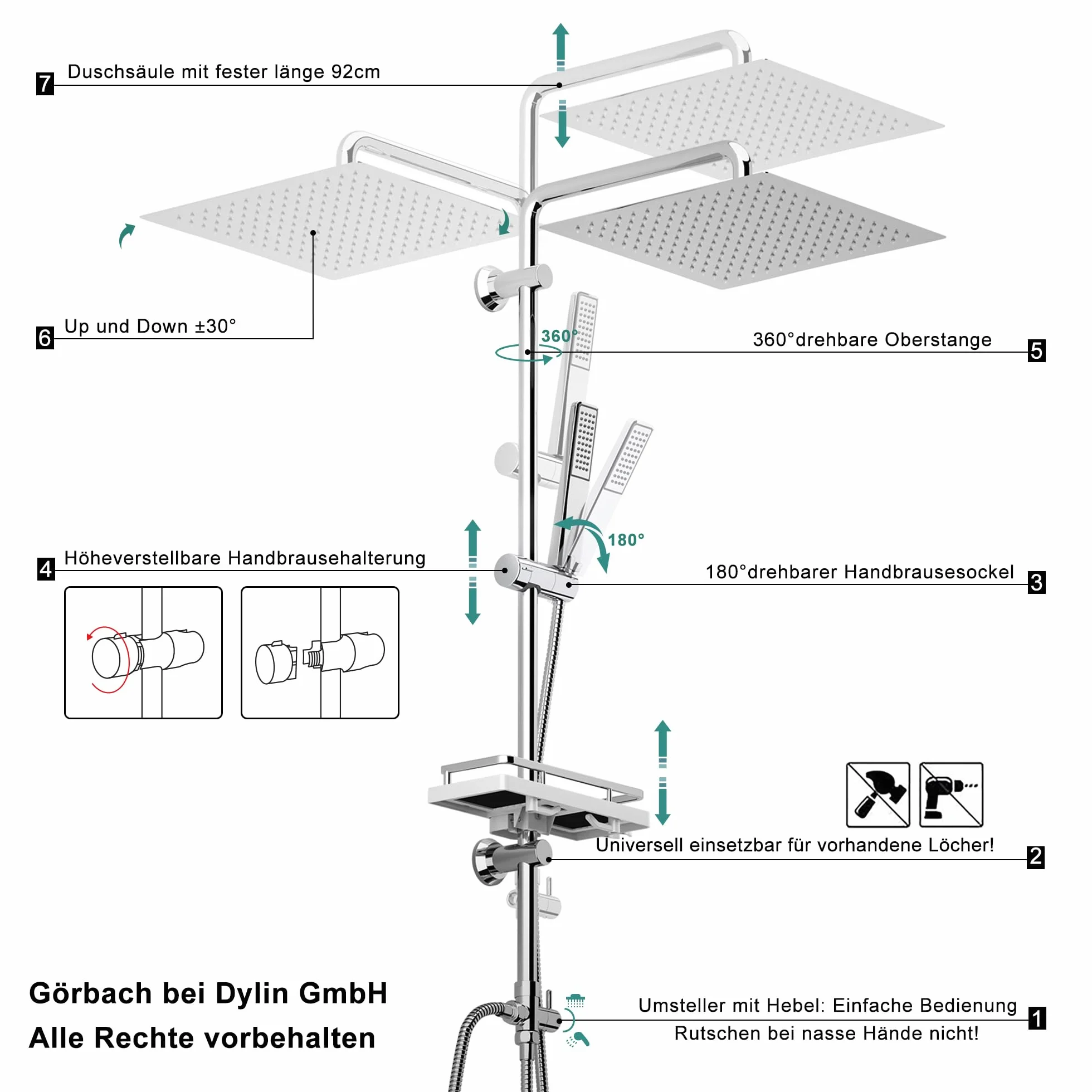 Görbach Zestaw prysznicowy z deszczownicą, system prysznicowy z półką chromowaną, bez armatury prysznicowej (30 x 30)