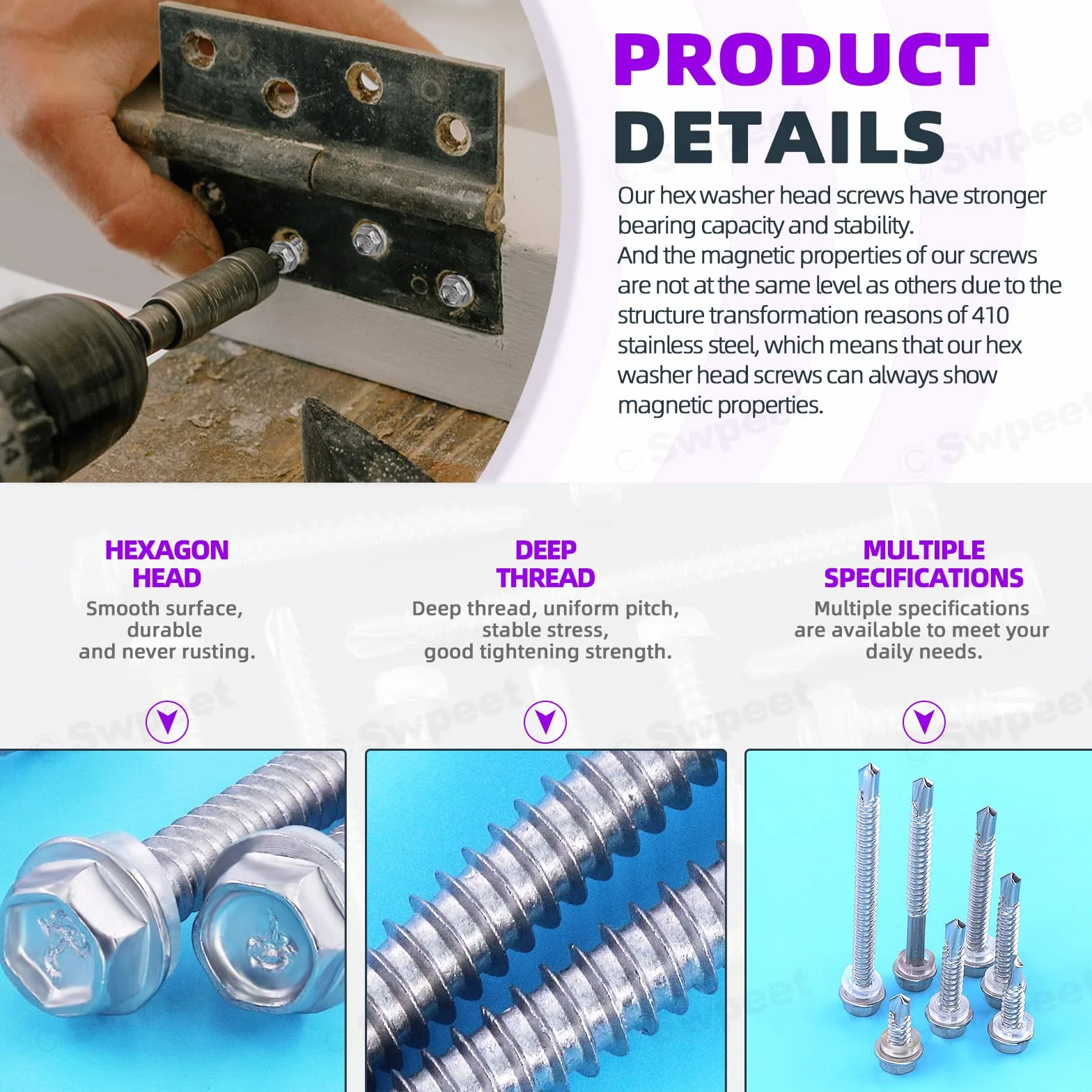 Swpeet 160 szt. 410 stal nierdzewna #14 Hex Washer Head wkręty samonocierające Asortyment zestaw wkrętów samogwintujących z łbem stożkowym wkręty samogwintujące anty-rdza metalowe zestaw śrub do metalu