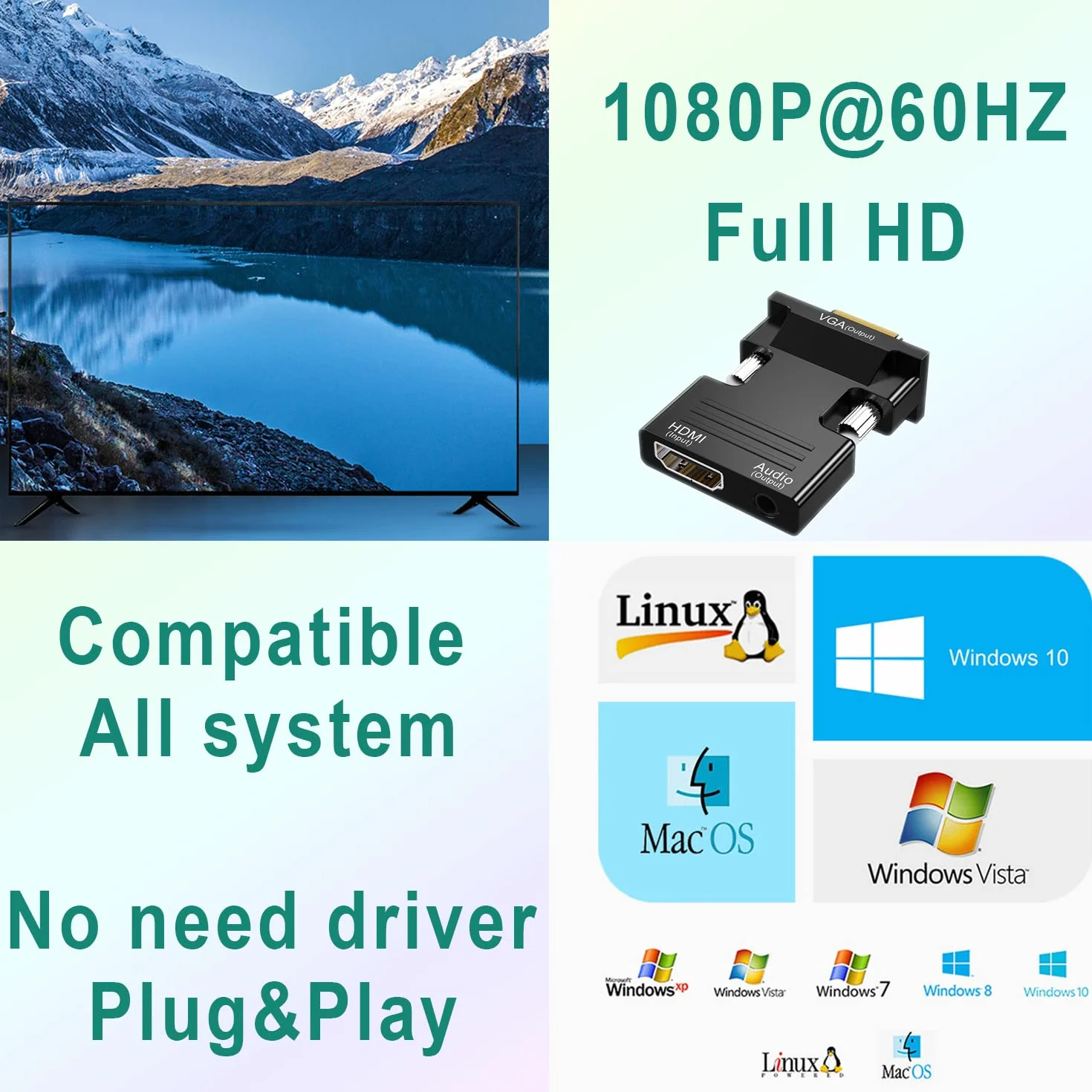 Adapter HDMI na VGA 1080P 60Hz z Kablem Audio 3,5 mm – Konwerter