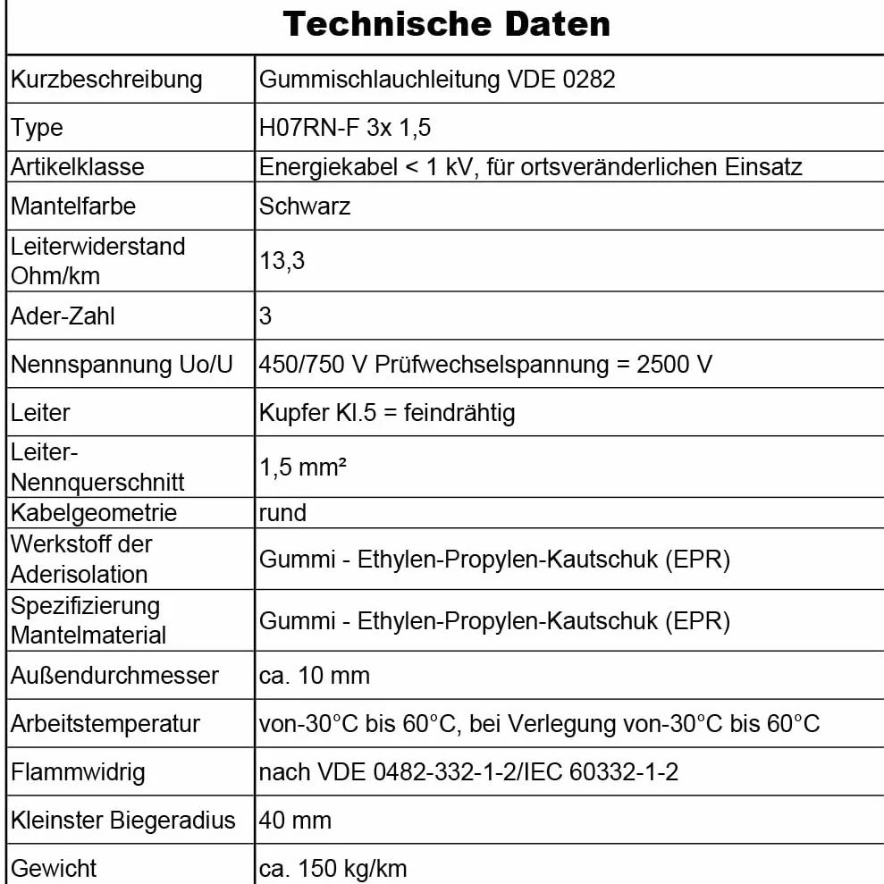 MAS Premium Wąż gumowy, 5-100 m, kabel zasilający do budowy H07RN-F 3G 1, 3G 1,5, 3G 2,5, 3G 4, 3G 6, 3G 10 lub 3 x 1,5, elastyczny przewód do ciężkich urządzeń (H07RN-F 3 x 1,5 mm², 25 m)