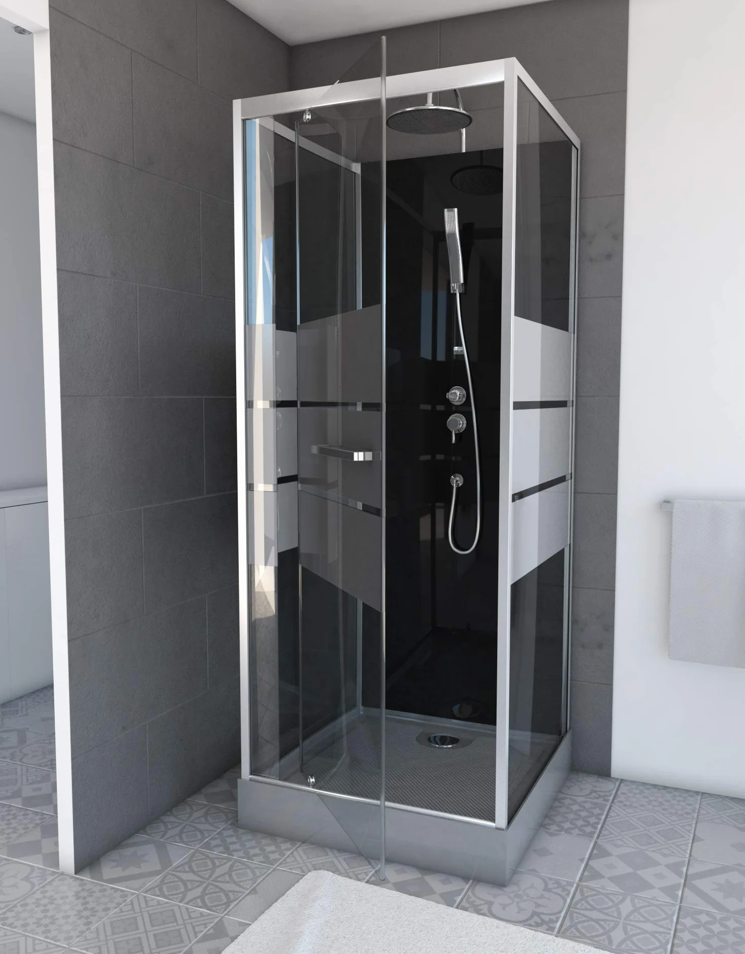Marwell Kompletny prysznic Dusy 80 x 80 x 225 cm – kompletny zestaw wraz z brodzikiem prysznicowym i armaturą – prysznic narożny z wejściem z przodu