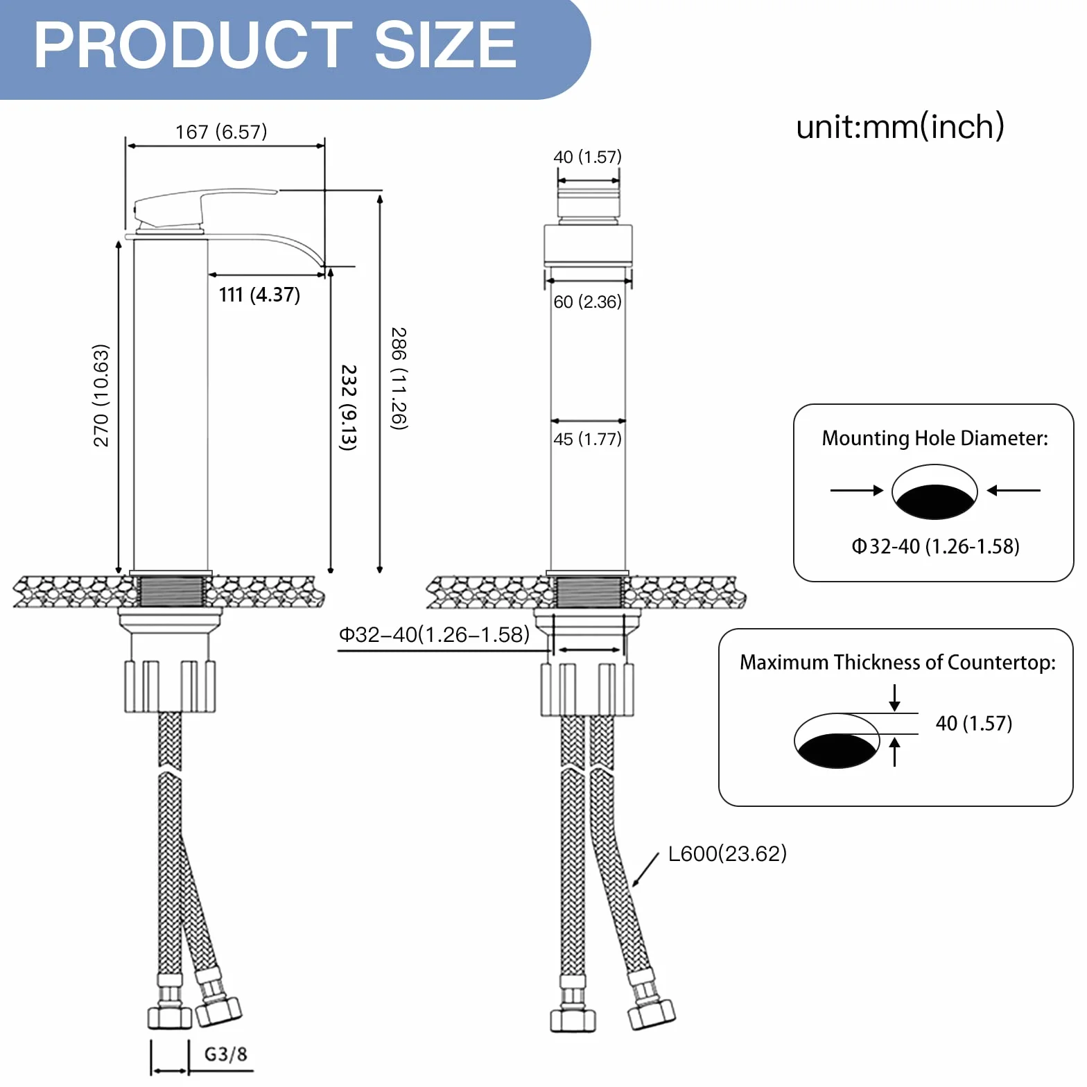 Bateria łazienkowa z wodospadem, czarna, matowa, wysoka bateria umywalkowa, umywalka, armatura wodospadowa z wylewką, wysokość 235 mm, nowoczesna bateria mieszakowa do przyłączy G3/8"