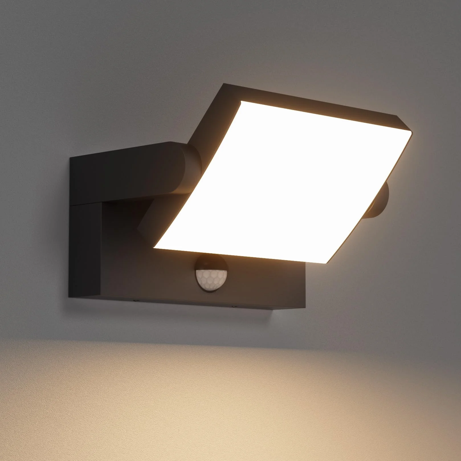 Klighten Lampa ścienna LED, 24 W, czujnik ruchu, IP65, lampa ścienna do wnętrz, na zewnątrz, panel obrotowy, lampa zewnętrzna do ogrodu, na taras, czarna, 1500 lumenów, ciepła biel 3000 K
