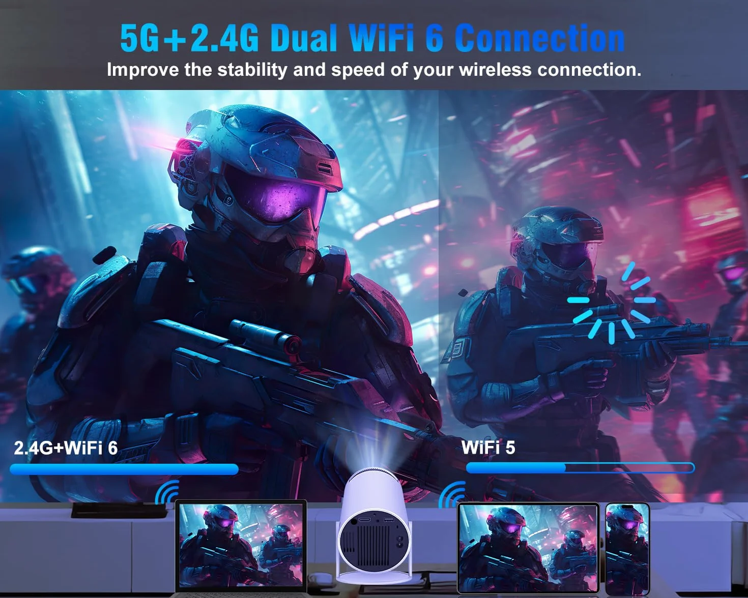 Projektor 4K Full HD Smart 200ANSI 8000 l, Android 11.0 5G WiFi 6 BT 5.0, automatyczna korekcja trapezowa, obracany 180°