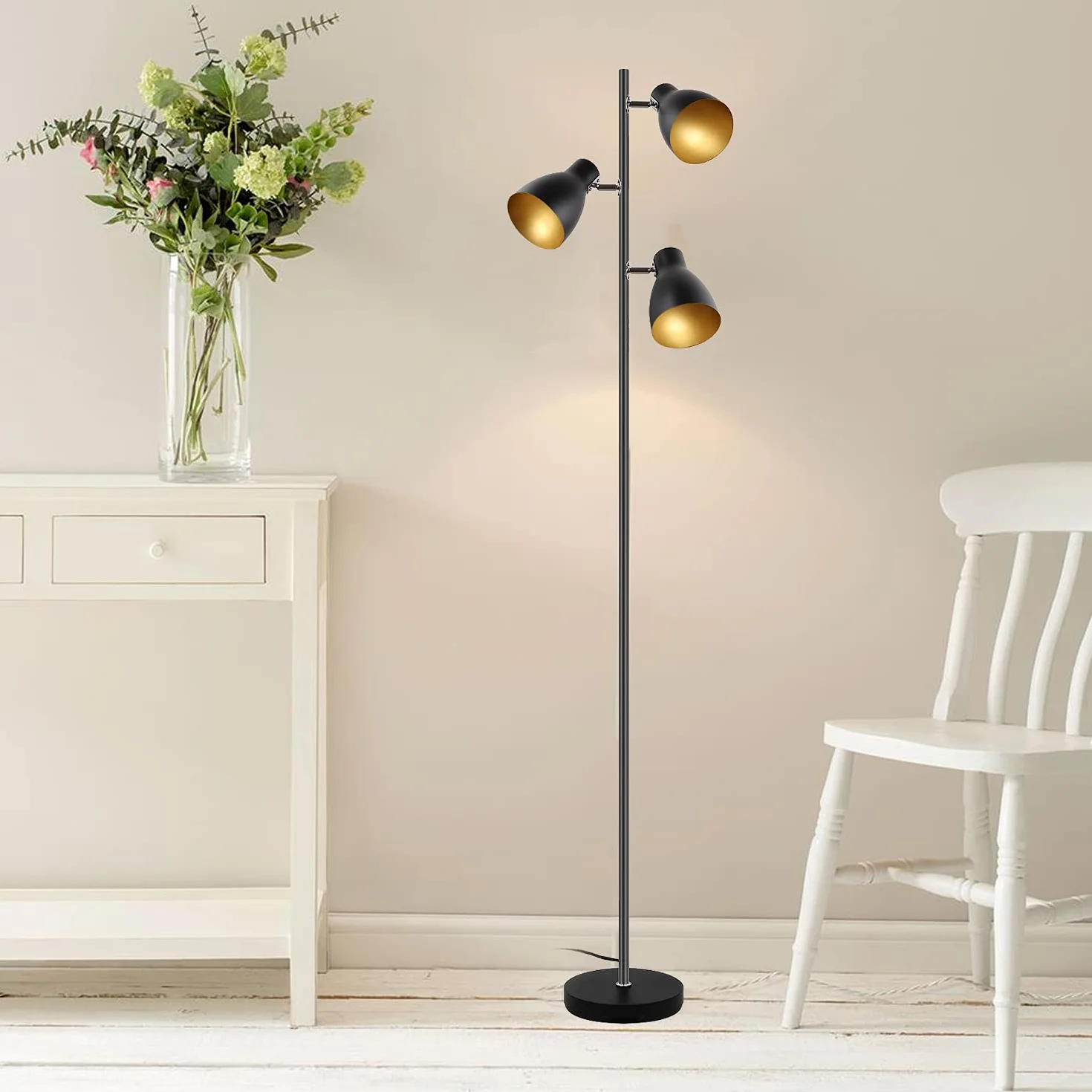 Lampa stojąca do czytania drzewo, czarno-złota, 3 regulowane światła | Metal retro, E14, 168 cm, niezależne sterowanie, do salonu i sypialni