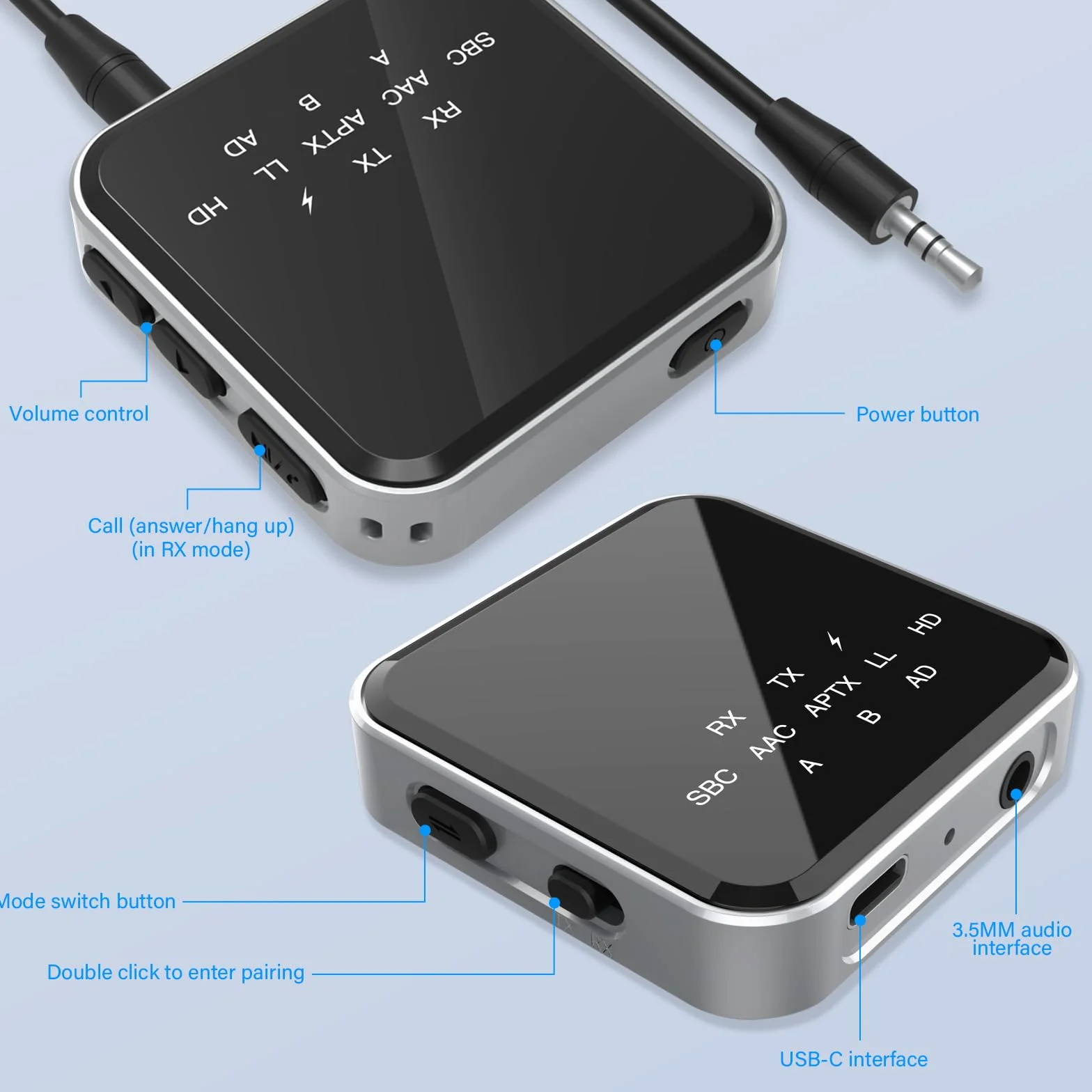 Nadajnik Odbiornik Bluetooth 5.2 z kablem audio 3,5 mm, podwójne wyjścia AUX, niska latencja do TV i słuchawek