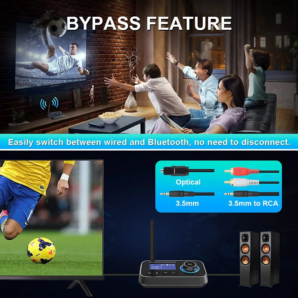 3 w 1 nadajnik Bluetooth 5.0, odbiornik na 2 słuchawki, Bluetooth, adapter audio, niska latencja, transmiter Bluetooth z przełącznikiem, regulacja głośności, AUX, optyczny, RCA do telewizora