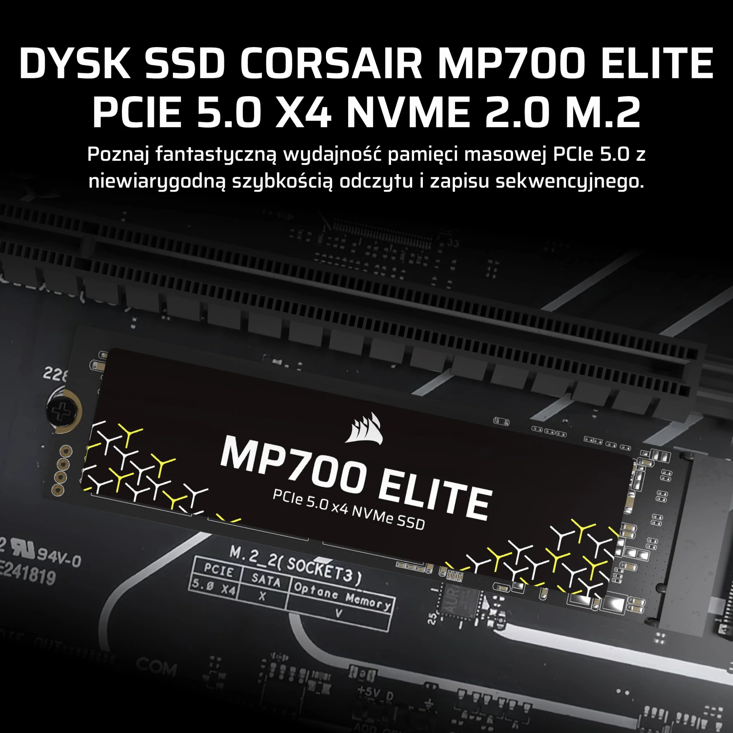 CORSAIR MP700 ELITE 1TB PCIe 5.0 x4 NVMe SSD M.2 2280 10000 MB/s Czarny