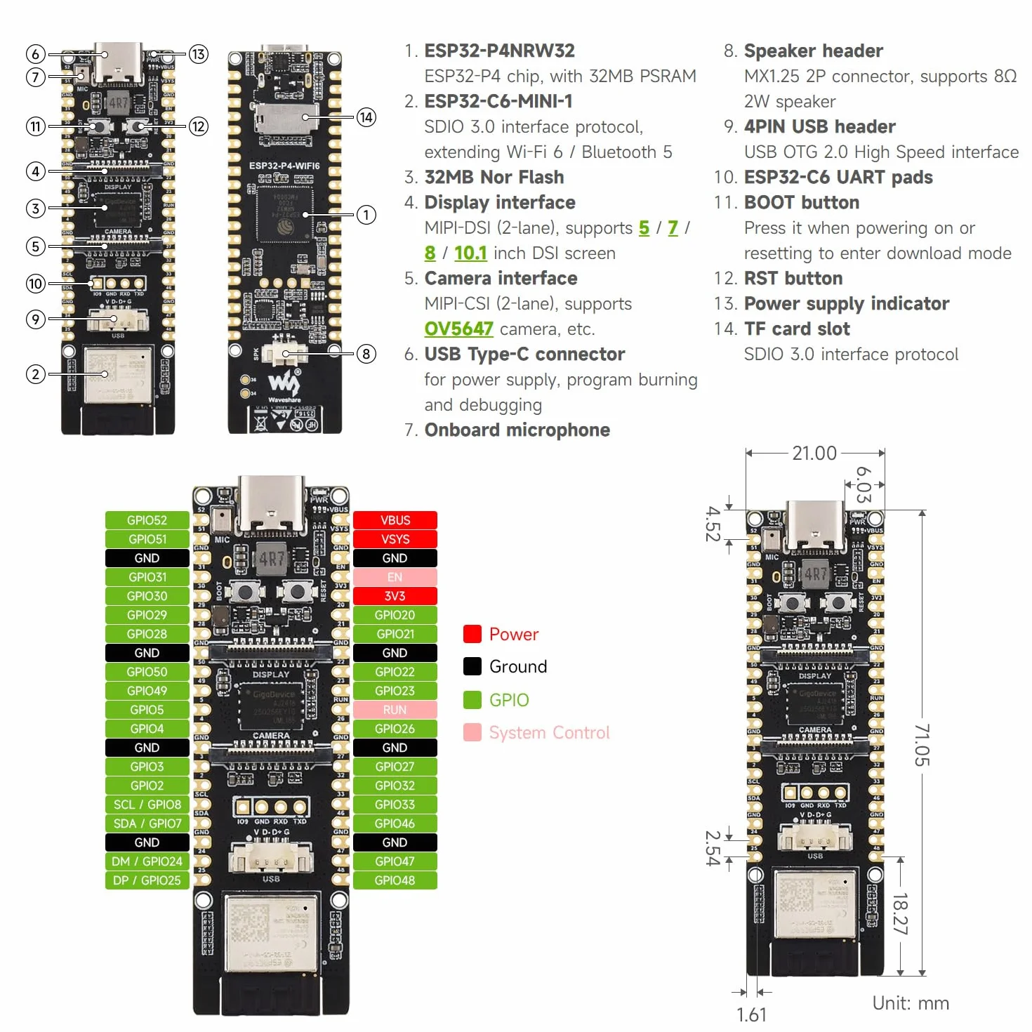 Waveshare ESP32-P4-WIFI6 Development Board, High-Performance ESP32-P4 ESP32-C6, Wi-Fi 6 BT 5 BLE