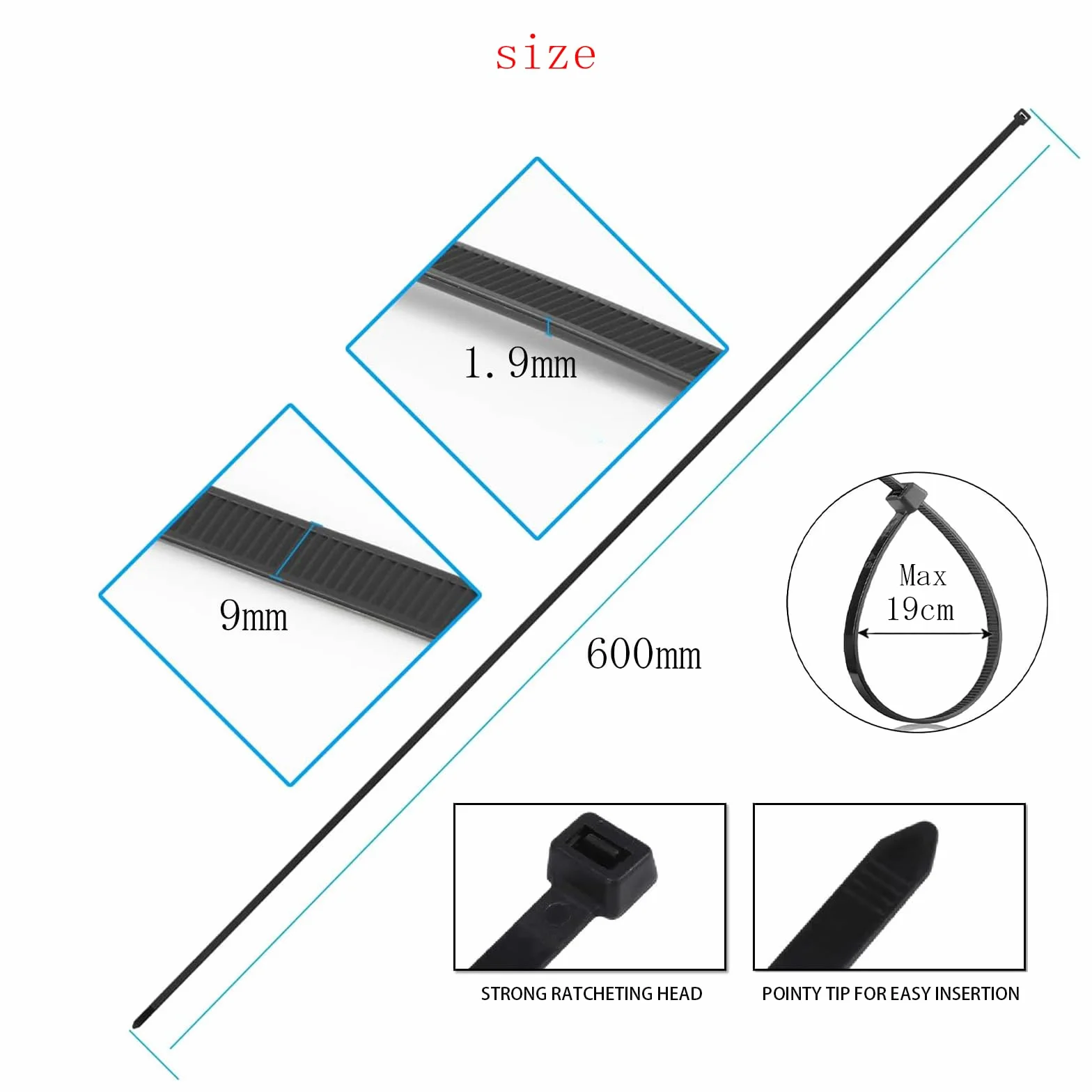 Opaski Zaciskowe Ciężkie,Trytytki, 600 mm x 9 mm,Wytrzymałość na rozciąganie 80 kg,20 Sztuk,Czarne