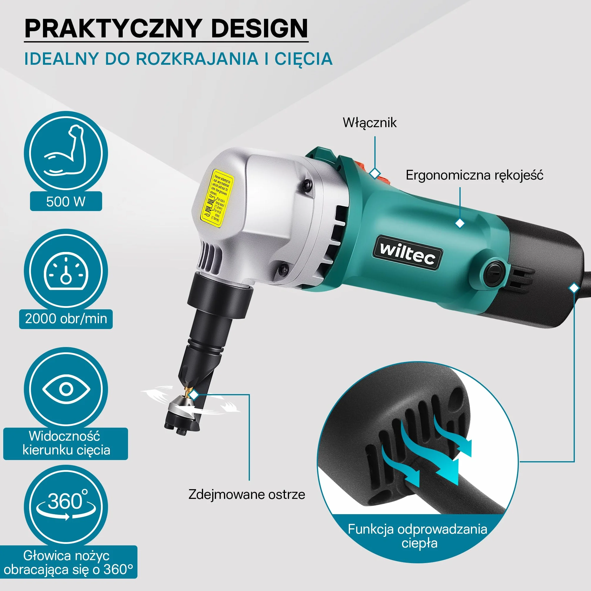 Wiltec Nożyce do blachy elektryczne 500 W, maks. głębokość cięcia 2,5 mm bez deformacji do blach prostych i falowanych, obrotowa głowica 360°
