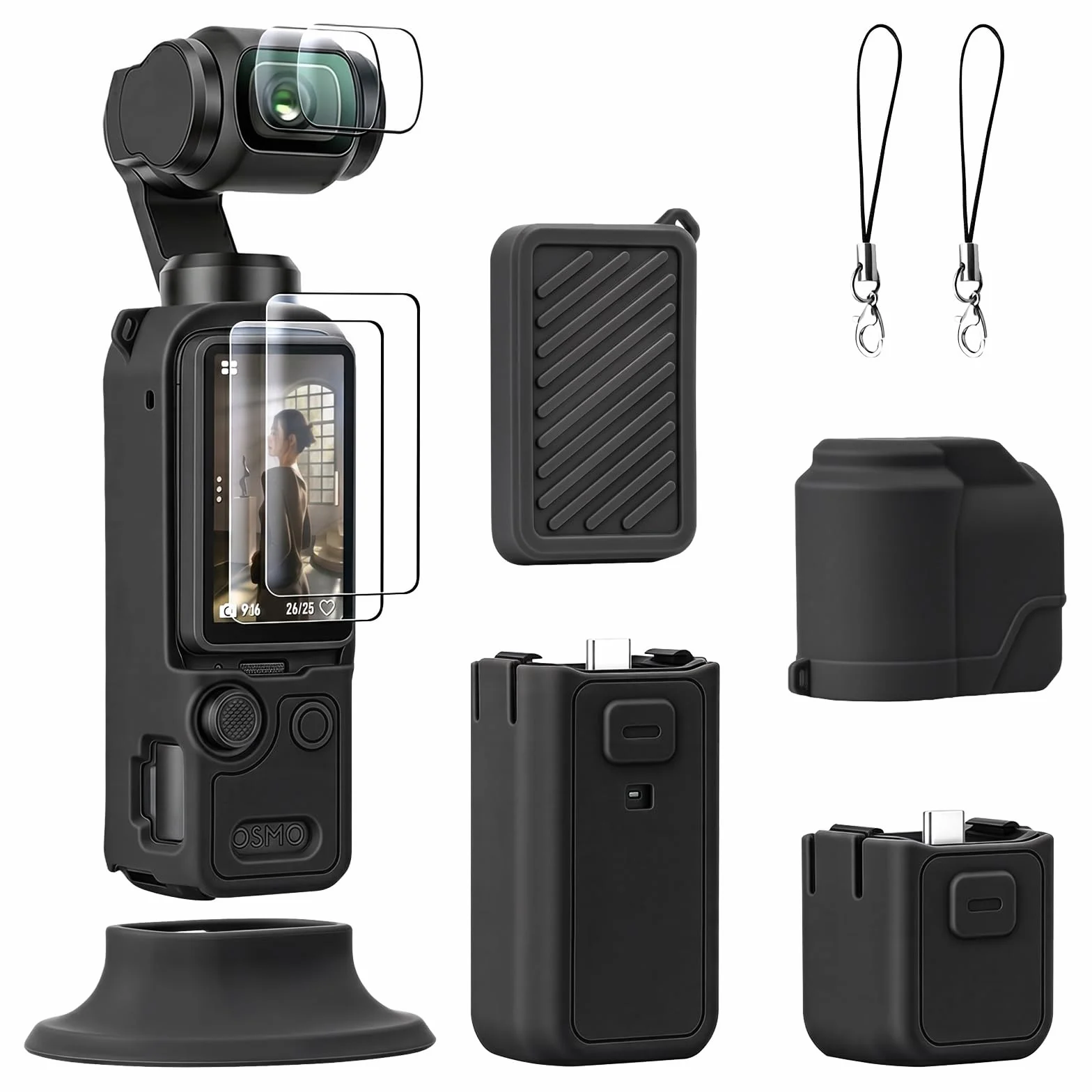AMAZEAR Silikonowe etui do DJI OSMO Pocket 4, akcesoria, miękkie etui ochronne, zestaw combo z hartowanego szkła, ochrona wyświetlacza, ochrona obiektywu, silikonowy stojak (czarny)