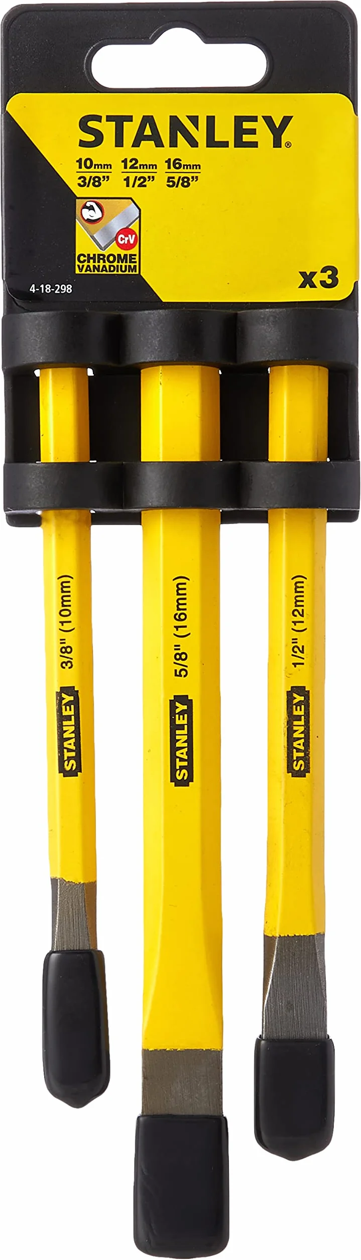 Stanley 418332 Fatmax Zimne Dłuto, 30 cm & Stanley Zestaw precyzyjnych płaskich dłut (3-częściowy, stal chromowo-wanadowa, 10 x 140 mm, 12 x 150 mm, 16 x 170 mm) 4-18-298