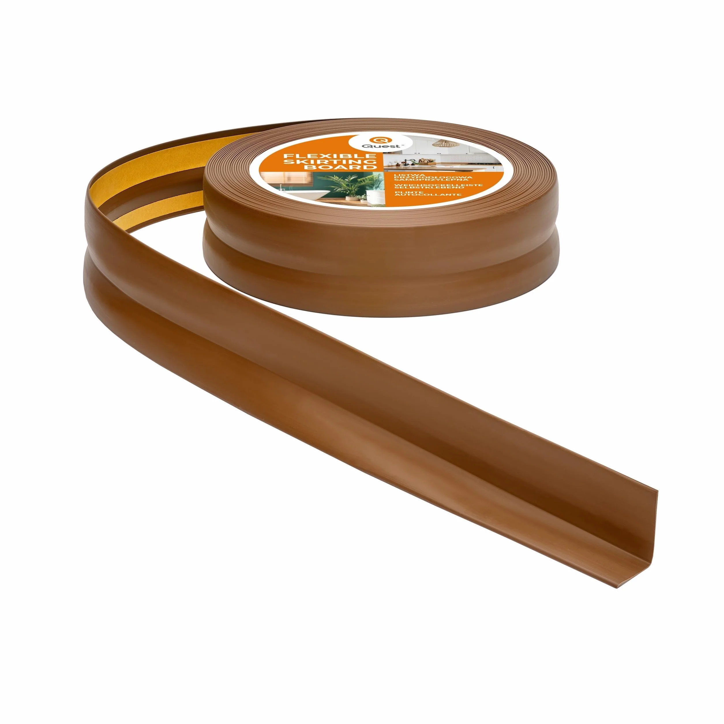 QUEST Listwa przypodłogowa PVC 32x23 mm, samoprzylepna elastyczna, miękka listwa podłogowa, cokołowa, ciemny brąz, 15 m
