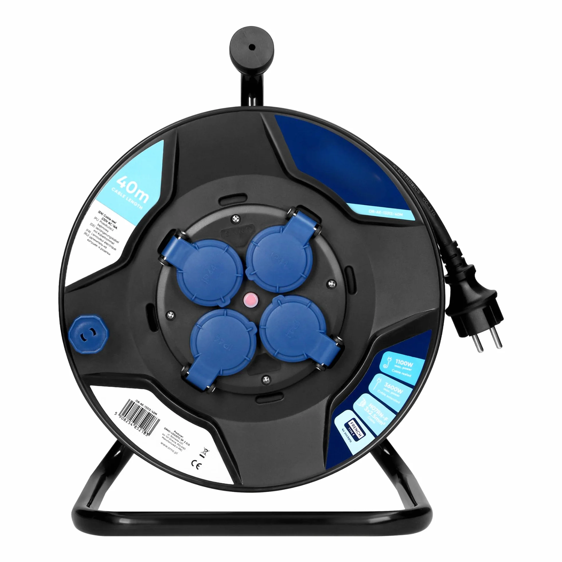 Przedłużacz Bębnowy 40m - 4 Gniazda ze Stykiem Ochronnym - Bolec (typ E) Kabel PVC H07RN-F 3 x 2,5 mm² Wyłącznik Termiczny System Anti-Twist Stojak Cube Ogród Warsztat Garaż IP44