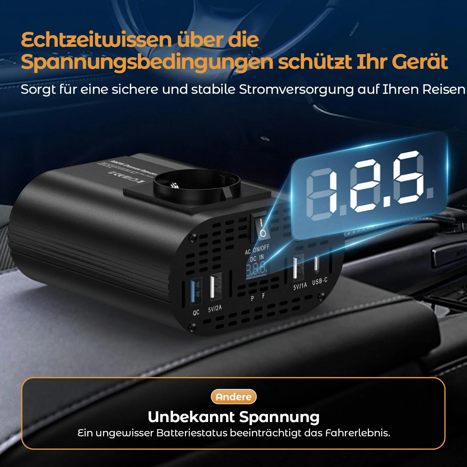 Konwerter 12V 220V 300W z 1 gniazdem Typ C 30W, 3 porty USB, wyświetlacz LED
