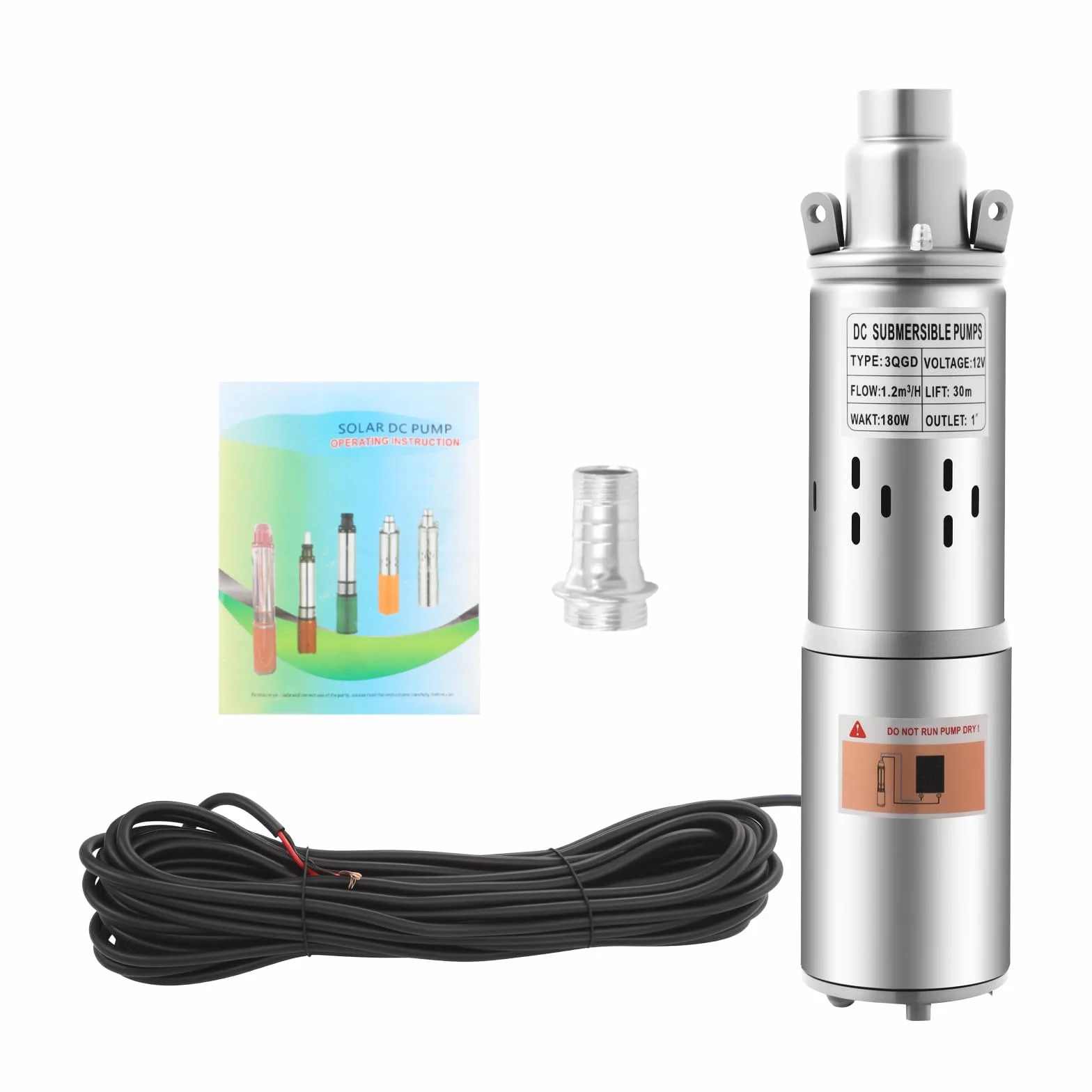 Solarna pompa głębinowa 12 V DC, 180 W, ze stali nierdzewnej, pompa zanurzeniowa z kablem 17 m, 1,2 m³/h, solarna pompa wodna, rura ogrodowa, pompa głębinowa, pompa nawadniająca do fontann